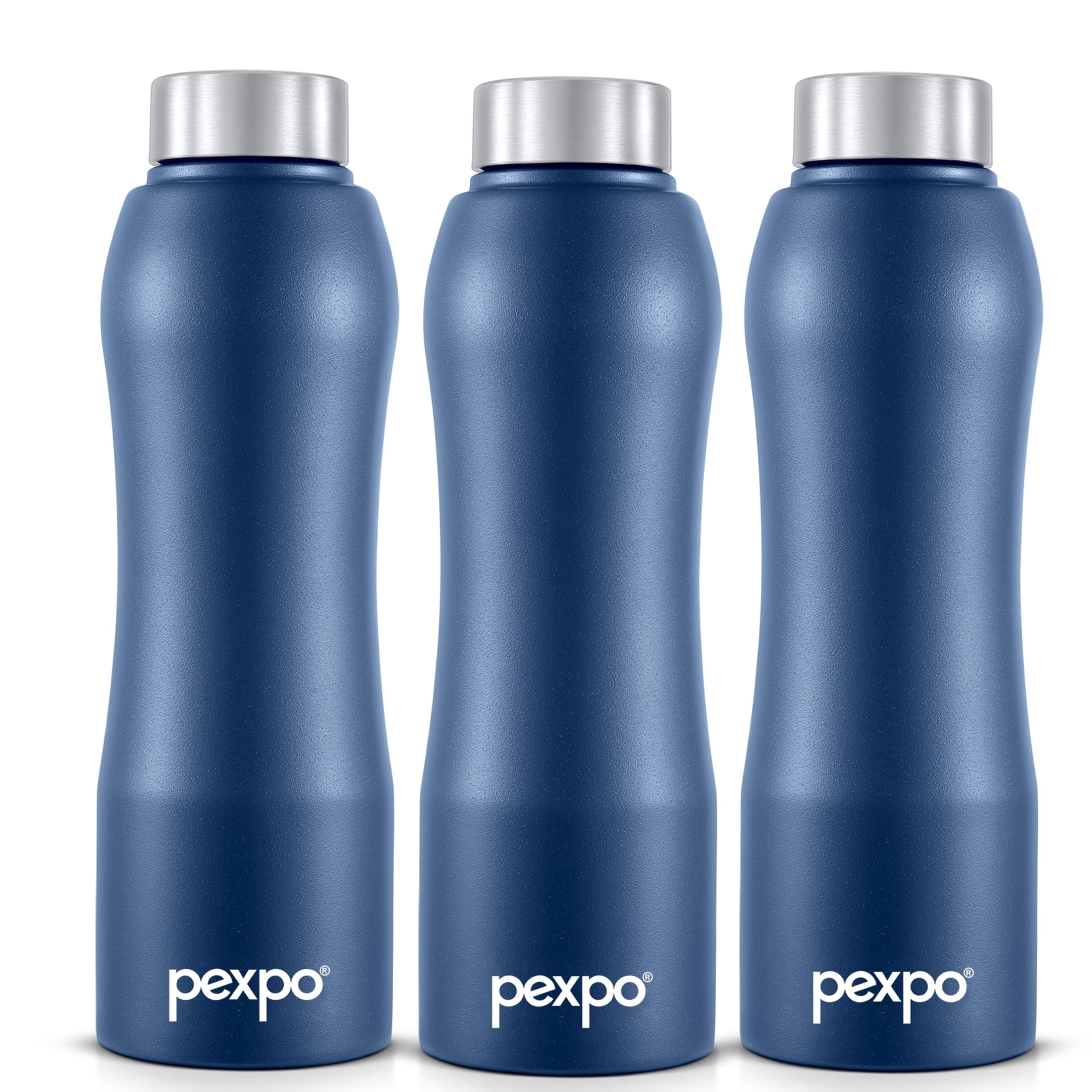Pexpo Bistro Isi Certified Stainless Steel Fridge/Sports Water Bottle 1 Litre, Denim Blue, Pack Of 3| Single Walled|Easy Grip|Le