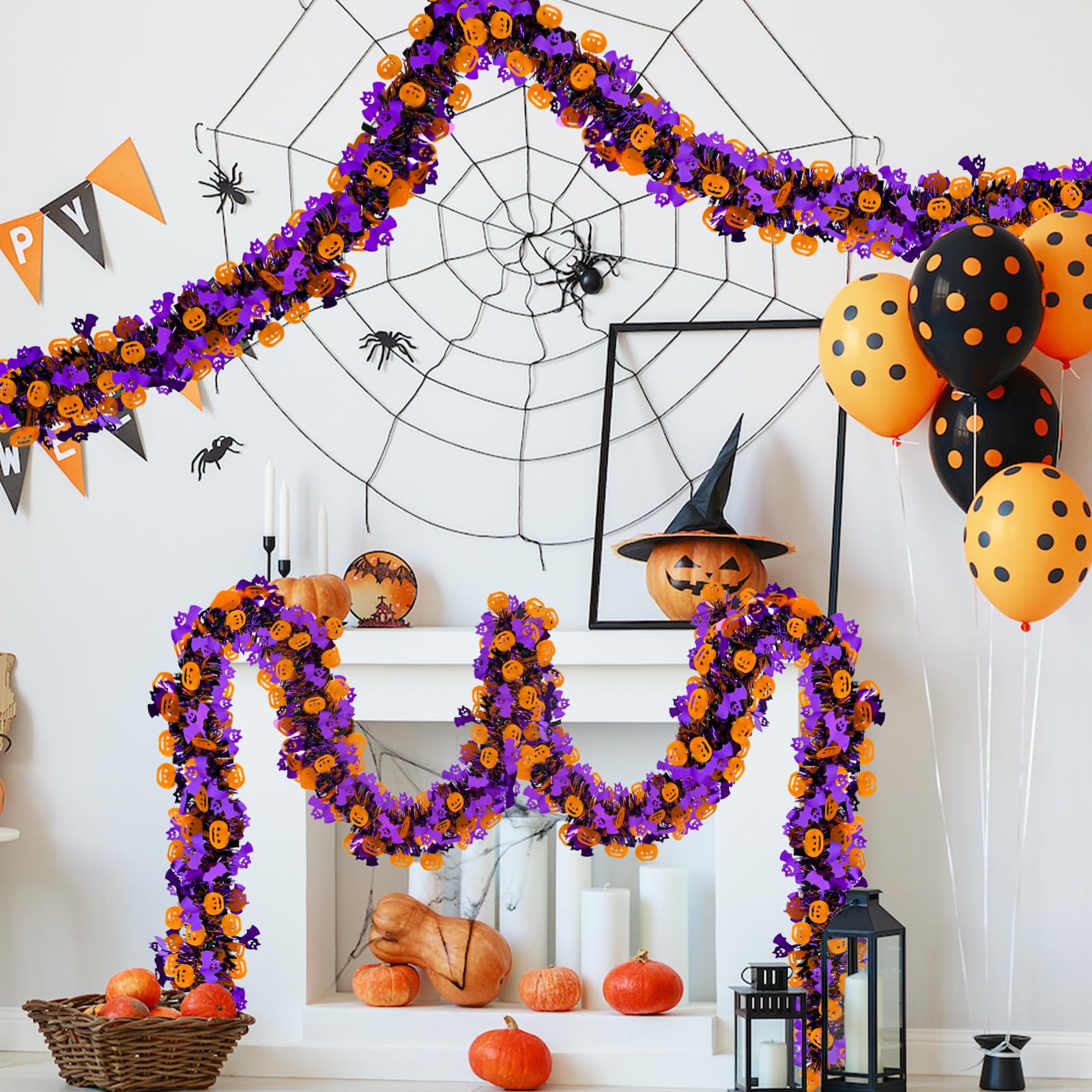 Caplidou 2 Pack 66 FT Halloween Tinsel Garland with Orange Pumpkin Purple Bat Metallic Twist for Tree Party Porch Mantel Door Fi