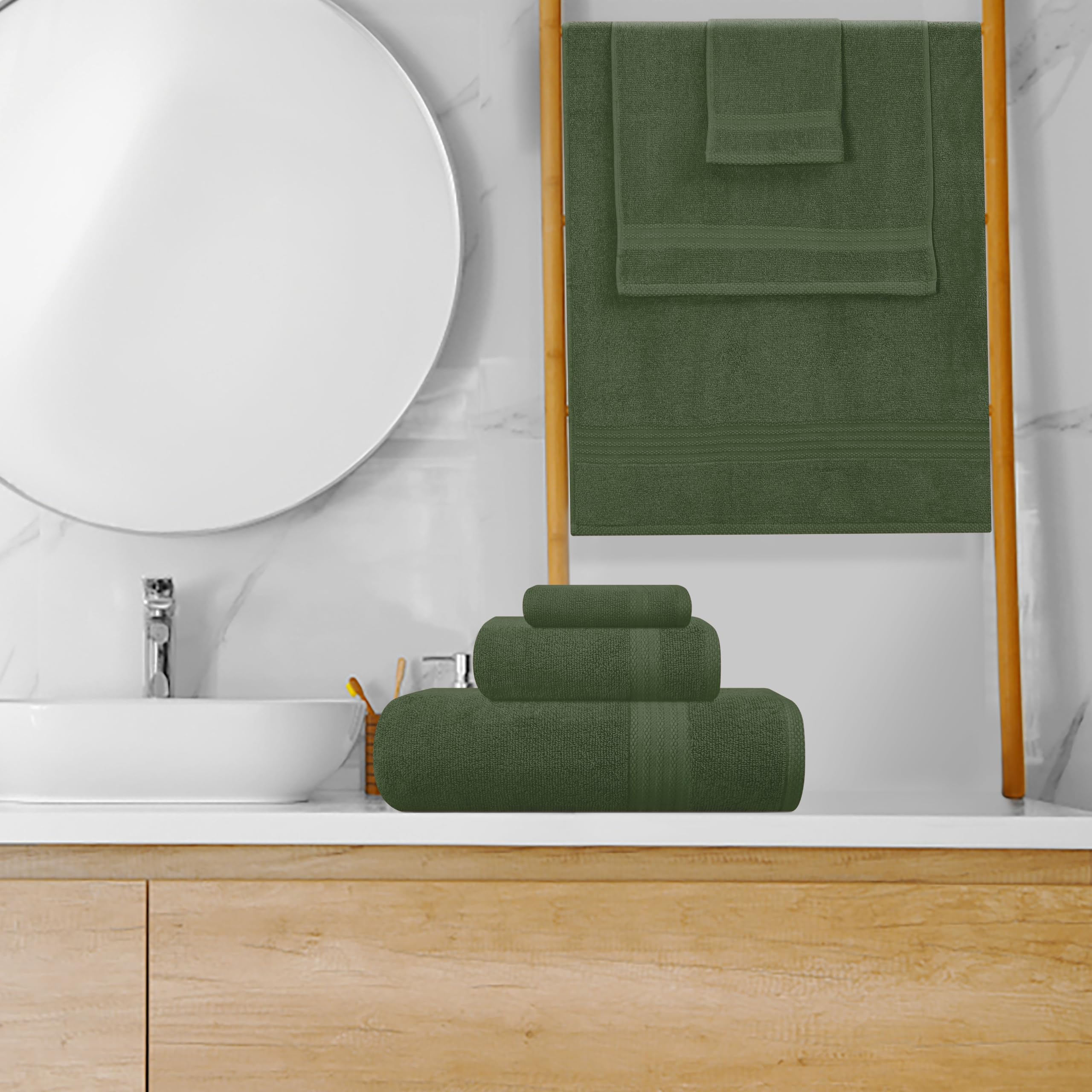 GLAMBURG Ultra Soft 8-Piece Towel Set - 100% Pure Ring spun Cotton  Contains 2 Oversized Bath Towels 27x54  2 Hand Towels 16x28  4 Wash Cloths 13x13 - Ideal for Everyday use  Hotel & Spa - Olive Green