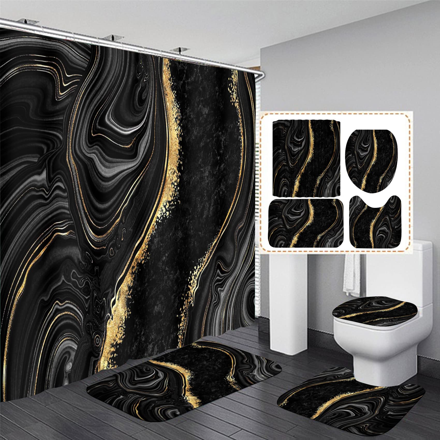 Nkzply 4 Pcs Black Marble Shower Curtain Sets With Rugs Gold Bathroom Sets With Shower Curtain And Rugs Modern Abstract Bathroom