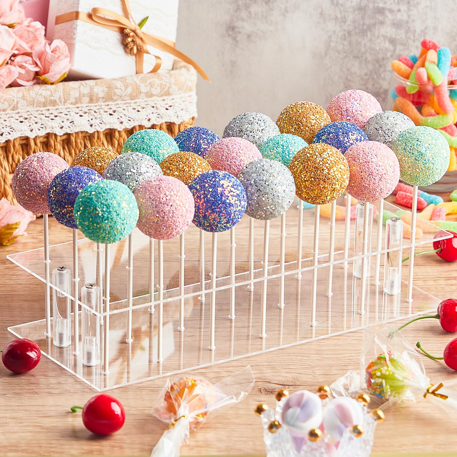 Cake Pop Maker Kit, 21 Hole Clear Acrylic Lollipop Display Stand With 20 Cavity Silicone Cake Pop Mold, 100 Pcs Sticks Treats Ba
