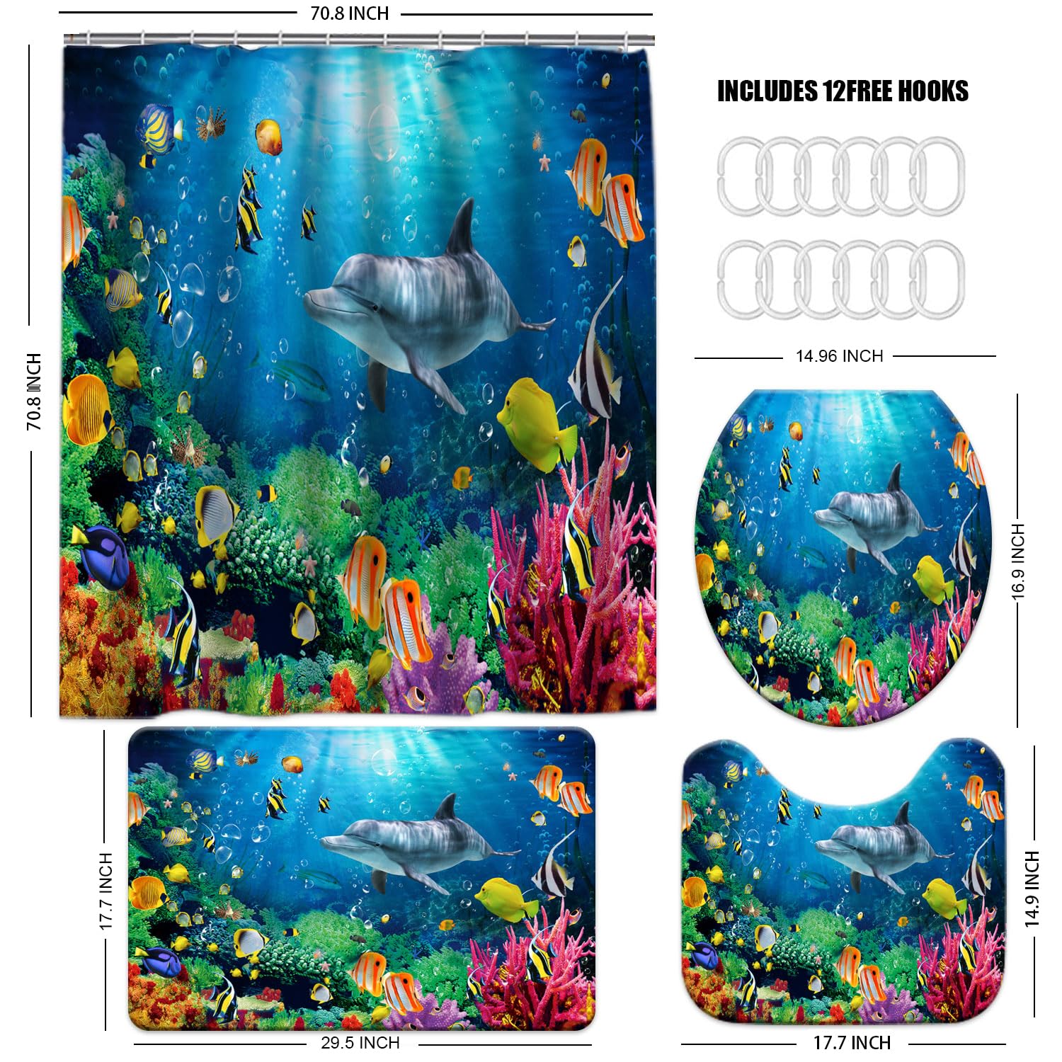 Kids Bathroom Set Blue Ocean Bathroom Shower Curtain Sets Underwater Sea World Shower Curtain 4 Pcs, Waterproof Tropical Dolphin