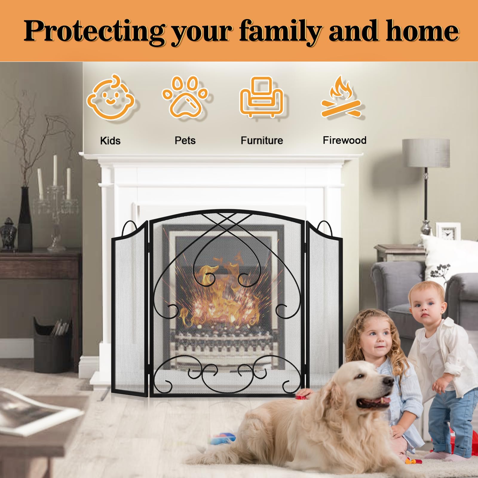 Gtongoko 3 Panel Fireplace Screen With Handles 48'' W X 29'' H New Version Modern Wrought Iron Decorative Large Fire Spark Guard
