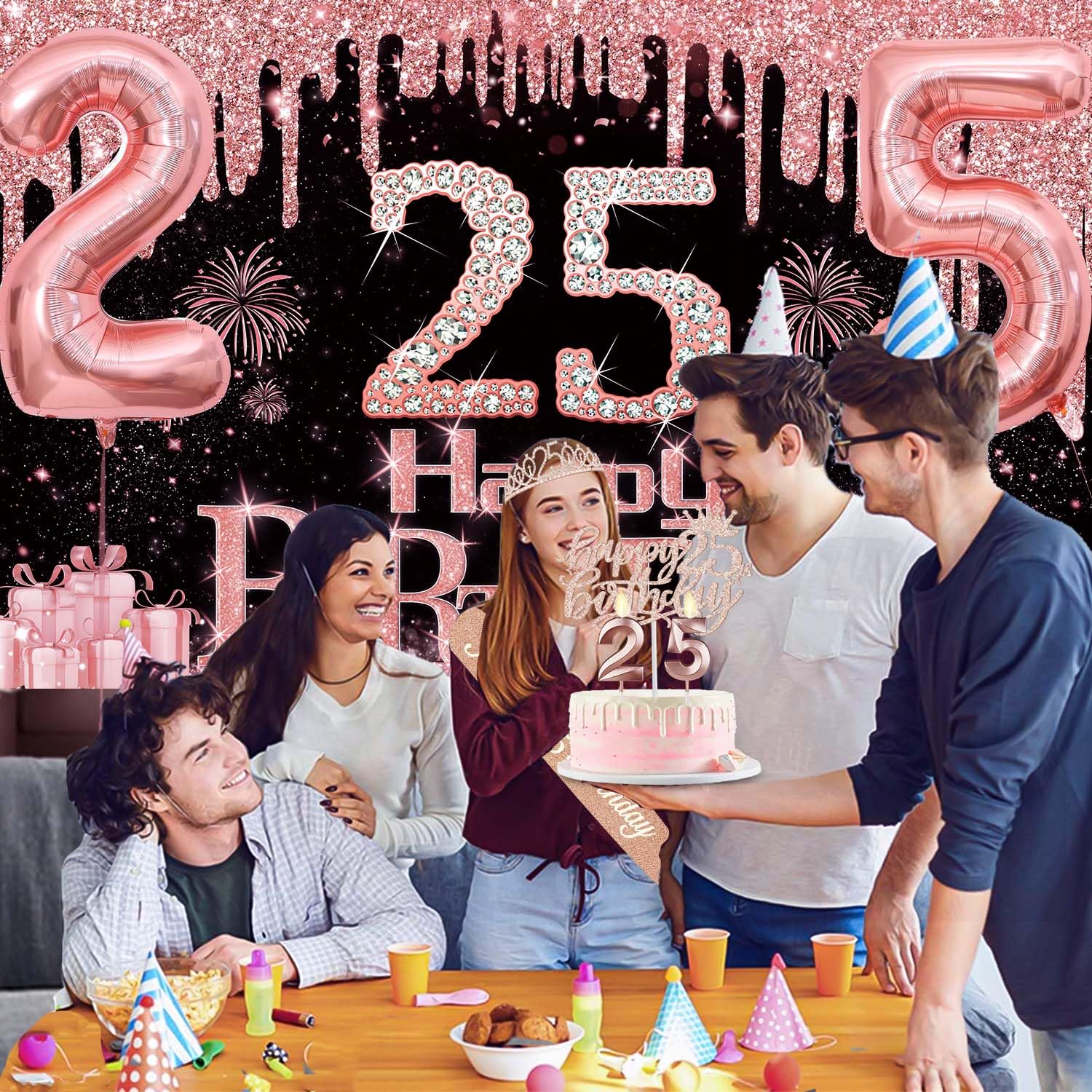 25Th Birthday Decorations For Women With Banner, Rose Gold Tablecloth, Number Balloons, 25Th Birthday Sash And Tiara, Cake Toppe