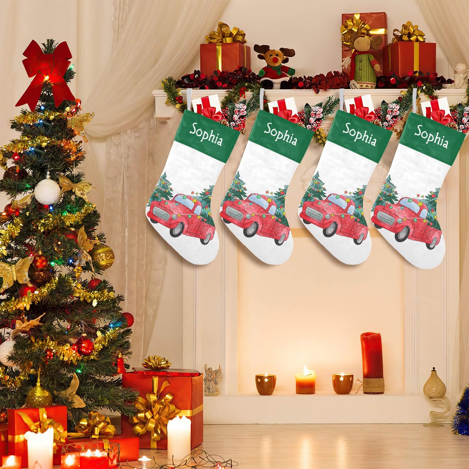 Christmas Truck Christmas Stockings Custom Name Party Family Decor Festive Santa Candy Gift Bag Socks 17.52 x 7.87 Inch
