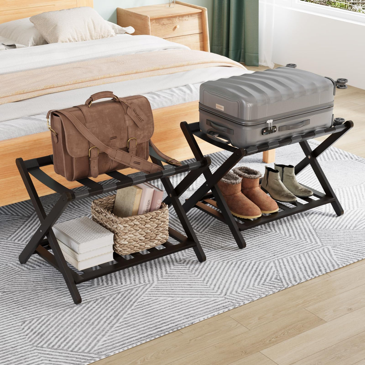 Smuxee Fully Assembled Black Luggage Racks Pack Of 2, Upgraded Bamboo Foldable Suitcase Stand With 5 Nylon Straps, Luggage Holde