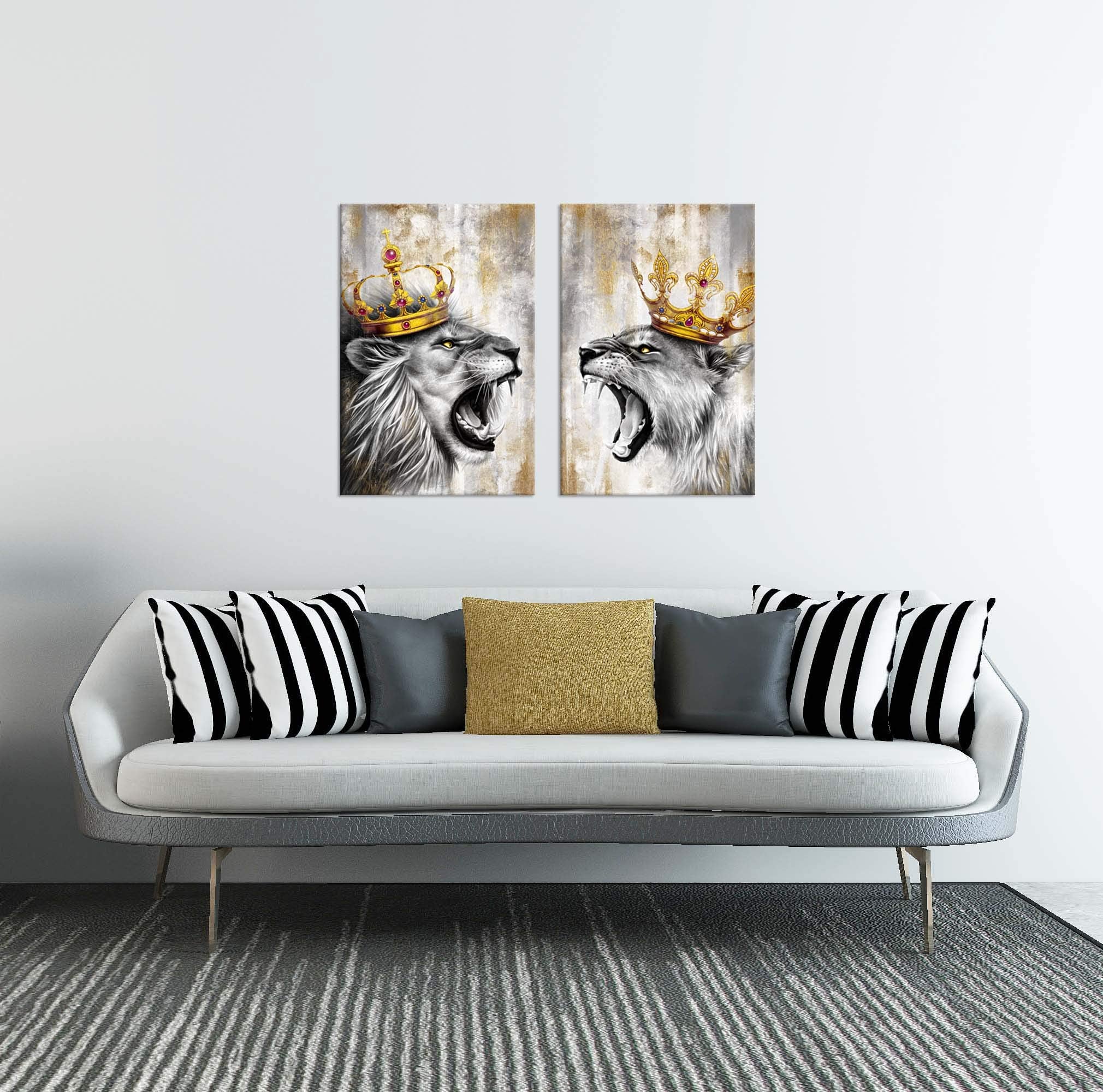 Zlove 2 Pieces Lion King Wall Art Lion And Lioness With Crown Grey And Gold Romantic Animal Couple Artwork For Bedroom Modern Ho