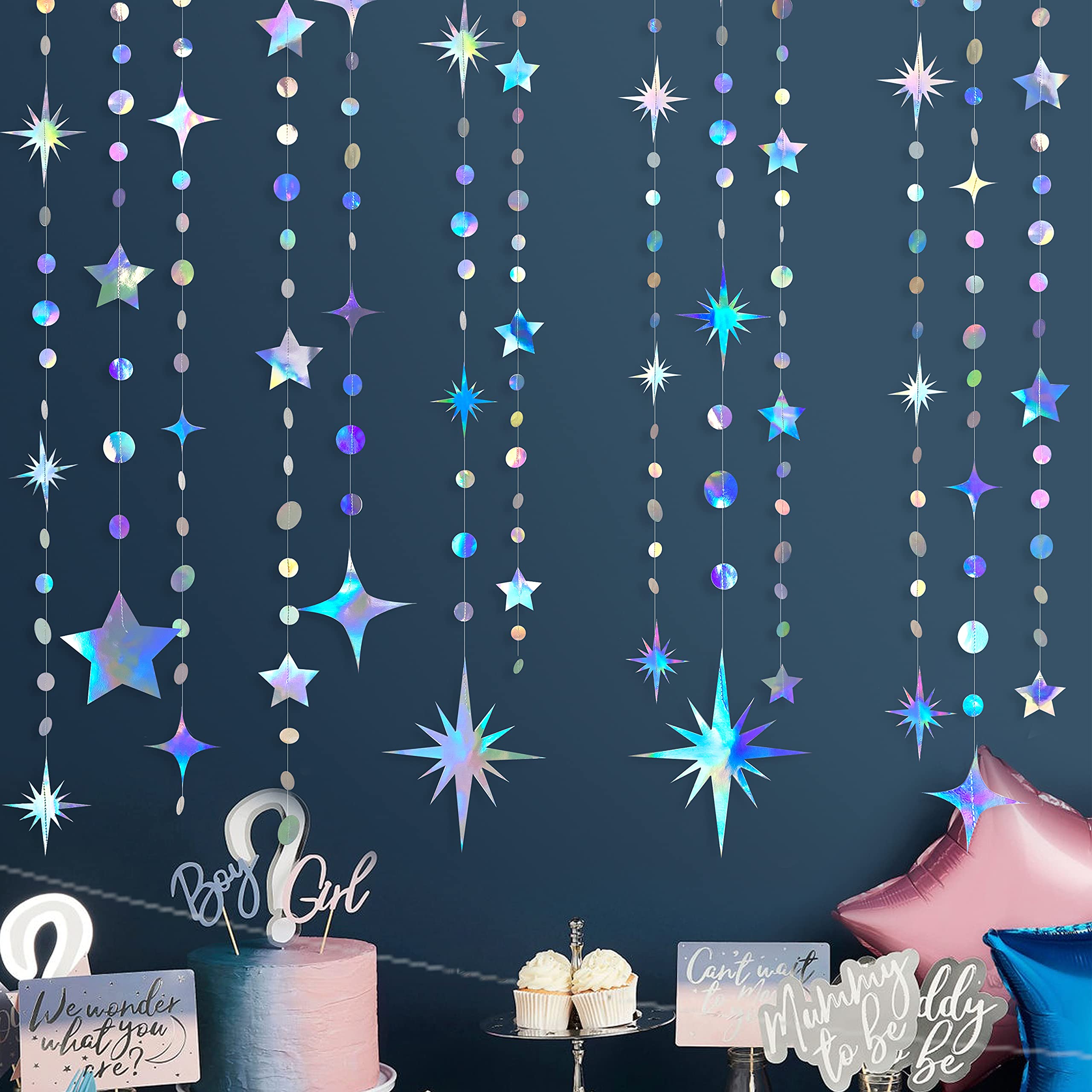 Iridescent Party Decorations Star Circle Dot Paper Garland Banner Bunting Streamer Metallic Hanging Twinkle Star Decoration For