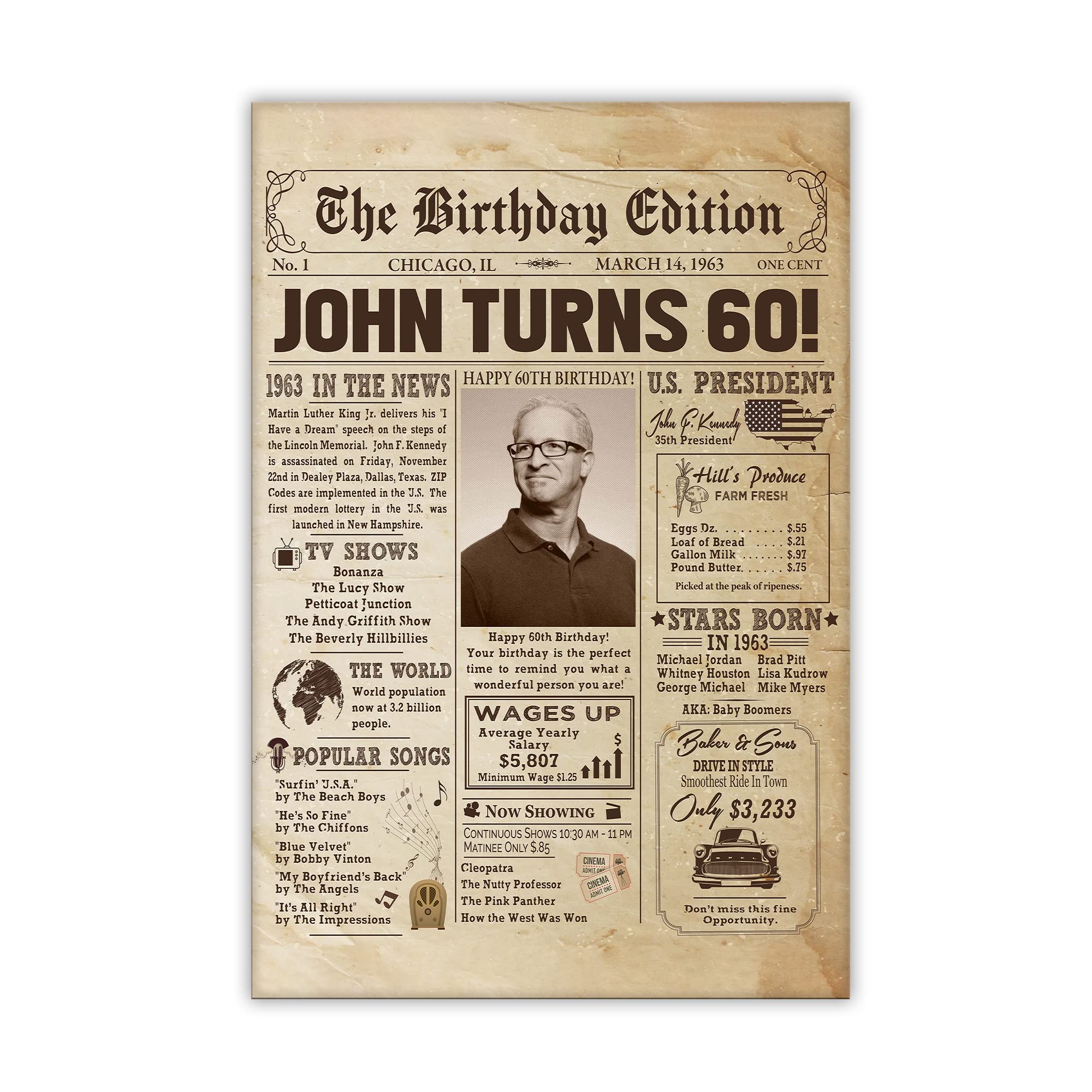 Personalized 60Th Birthday Newspaper Poster No Frame, Canvas Back In 1963 Gifts Idea Birthday, Anniversary, Custom Photo Birthda