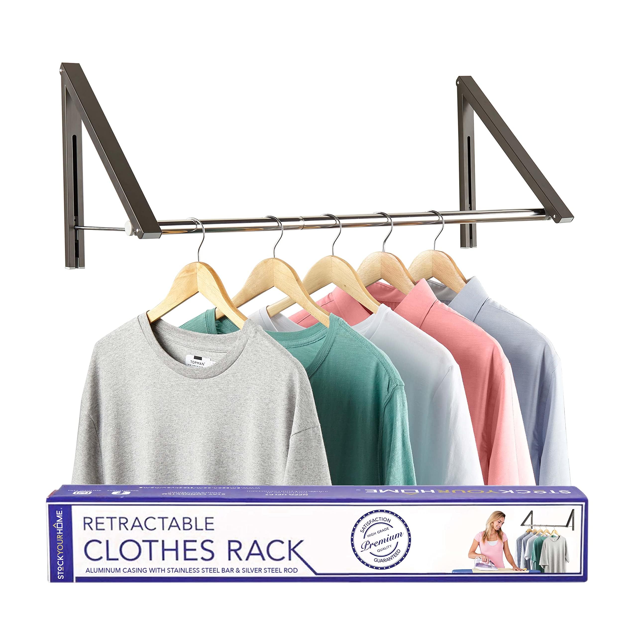 Double Foldable Clothing Rack w/Extension Rod  Wall-Mounted Retractable Clothes Hanger for Laundry Dryer Room  Hanging Drying Rod  Small Collapsible Folding Garment Racks  Dorm Accessories (Gray)
