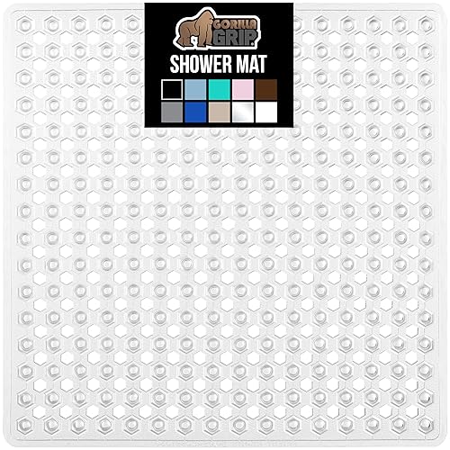 Gorilla Grip Patented Shower And Bathtub Mat, 21X21, Small Square Shower Stall Floor Mats With Suction Cups And Drainage Holes,