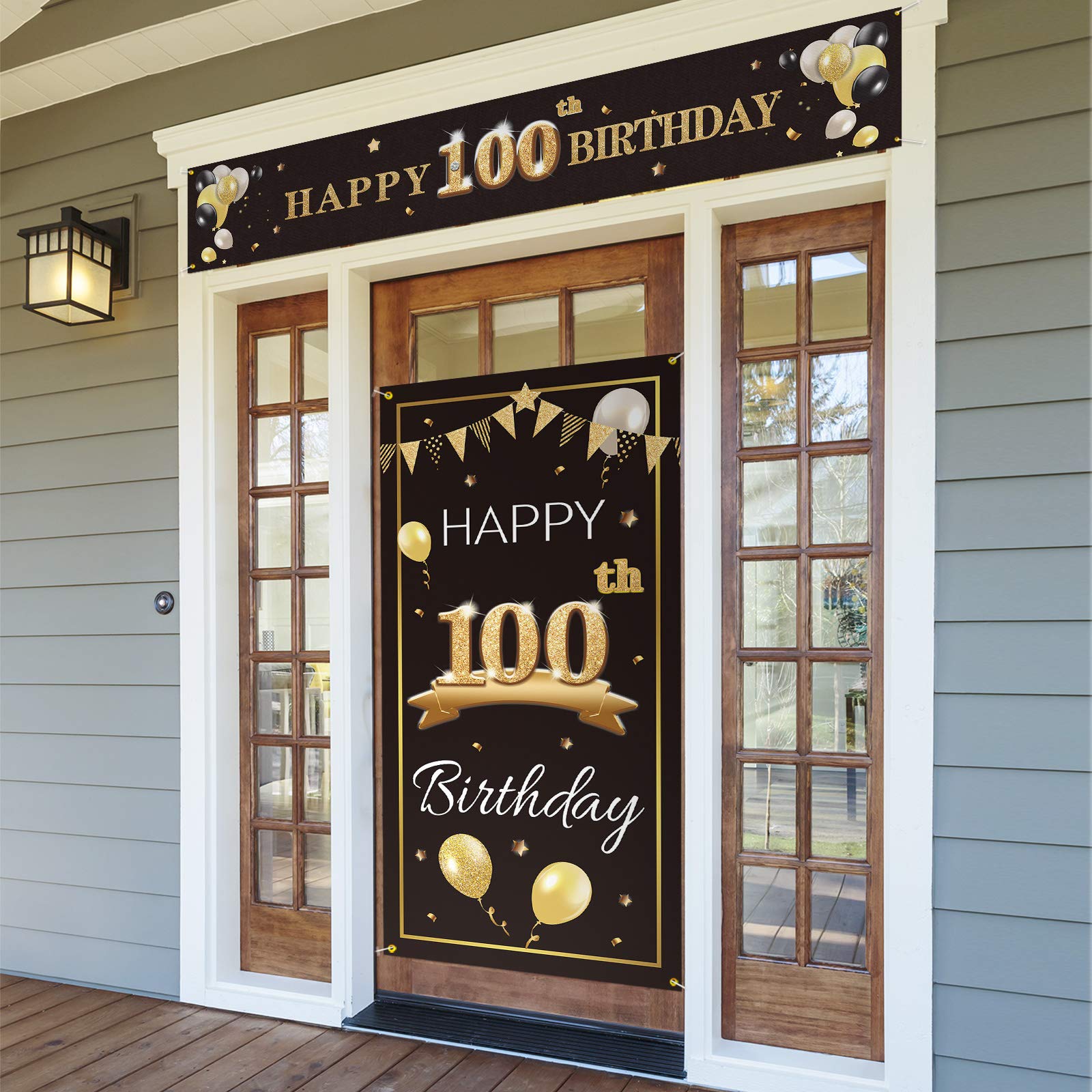 Pakboom Happy 100Th Birthday Door Cover Porch Banner Sign Set - 100 Years Old Birthday Decorations Party Supplies For Men - Blac