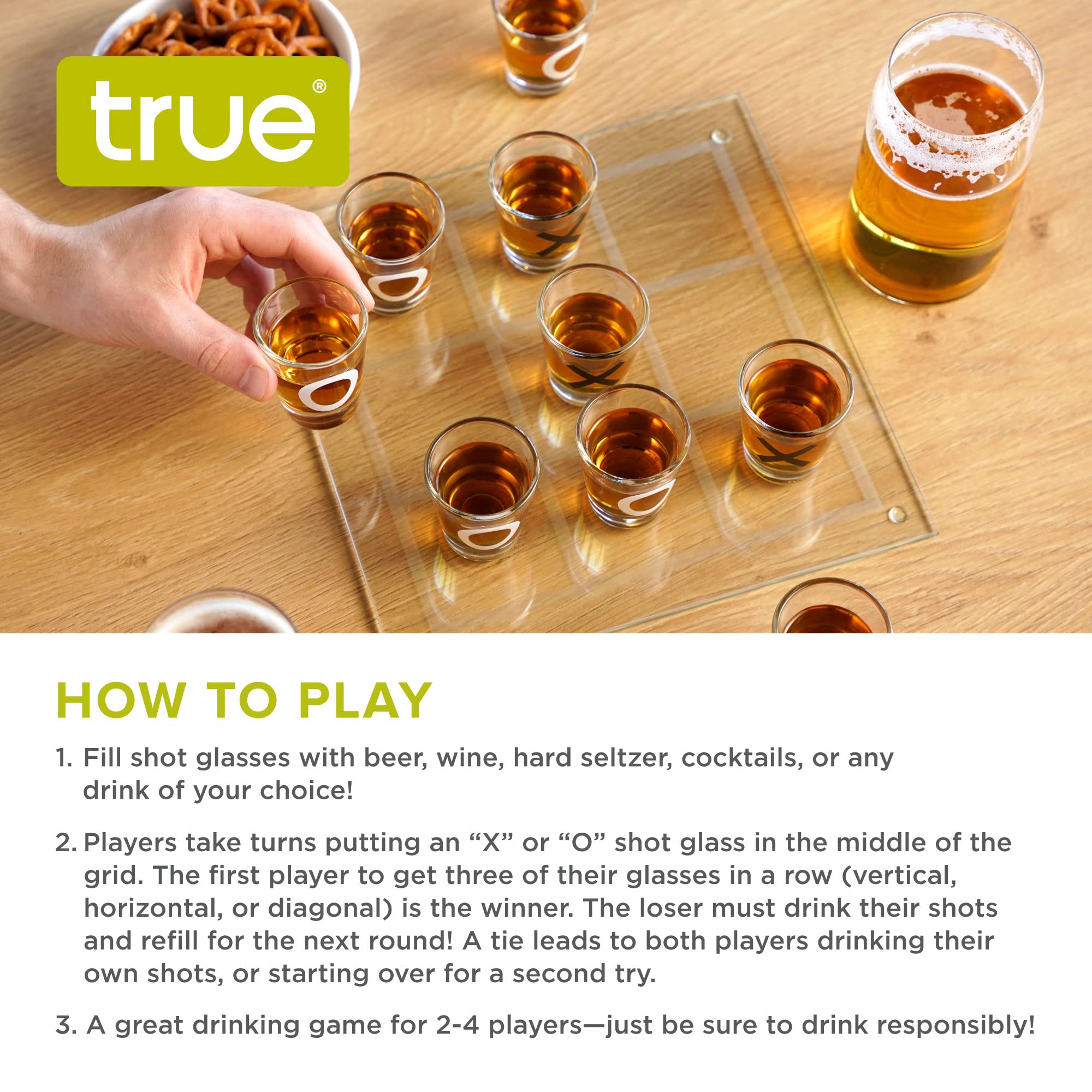 True Tic Tac Shot Board Games For Adults Includes Tic Tac Toe Board And 9 Clear Shot Glasses Set, Birthday Party, Bachelorette P