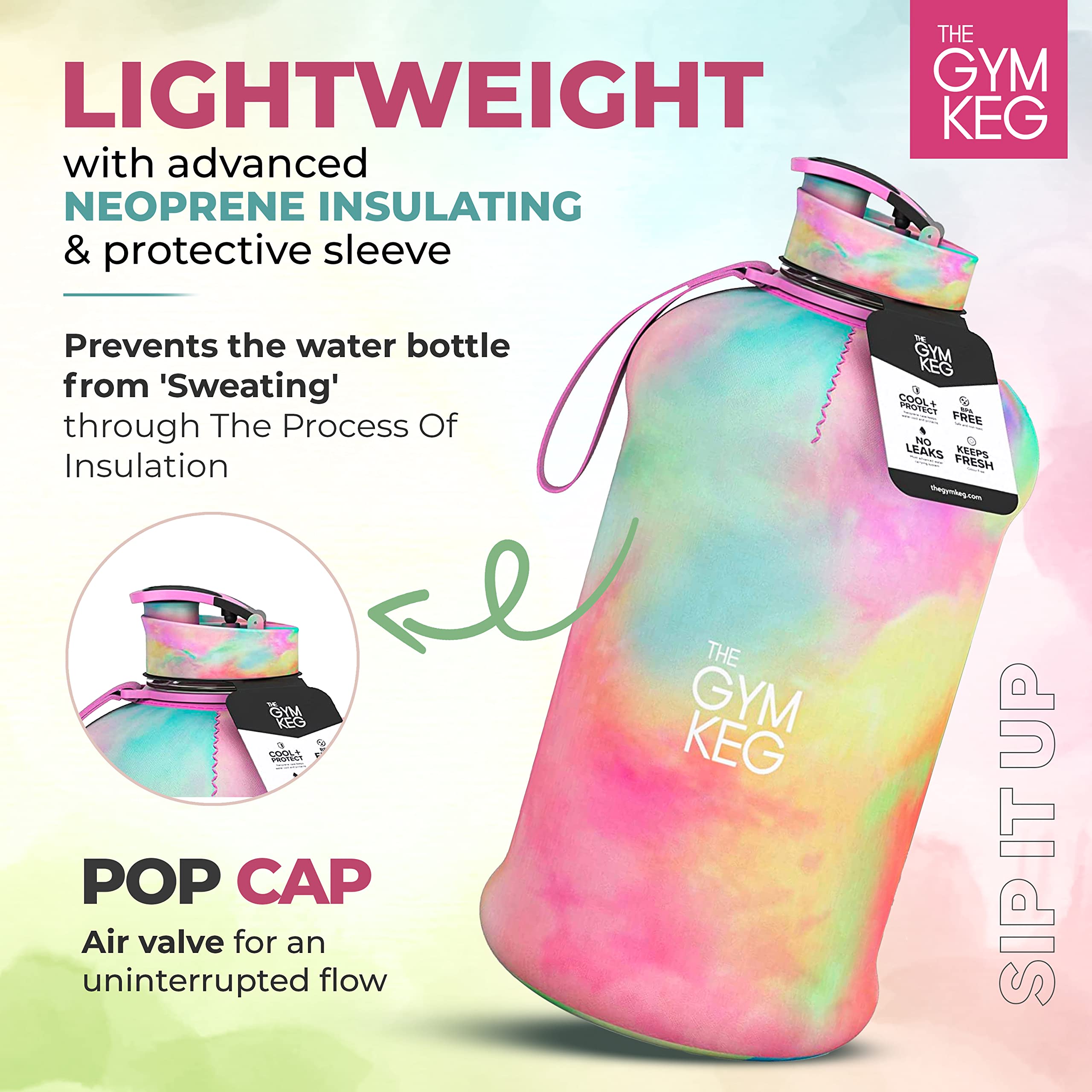 THE gYM KEg Sports Water Bottle (22 L)  Half gallon  carry Handle  Big Water Jug for Sport  Large Reusable Water Bottles  Ecofriendly  Tritan BPA Free Plastic  Leakproof (Love Tie Dye)