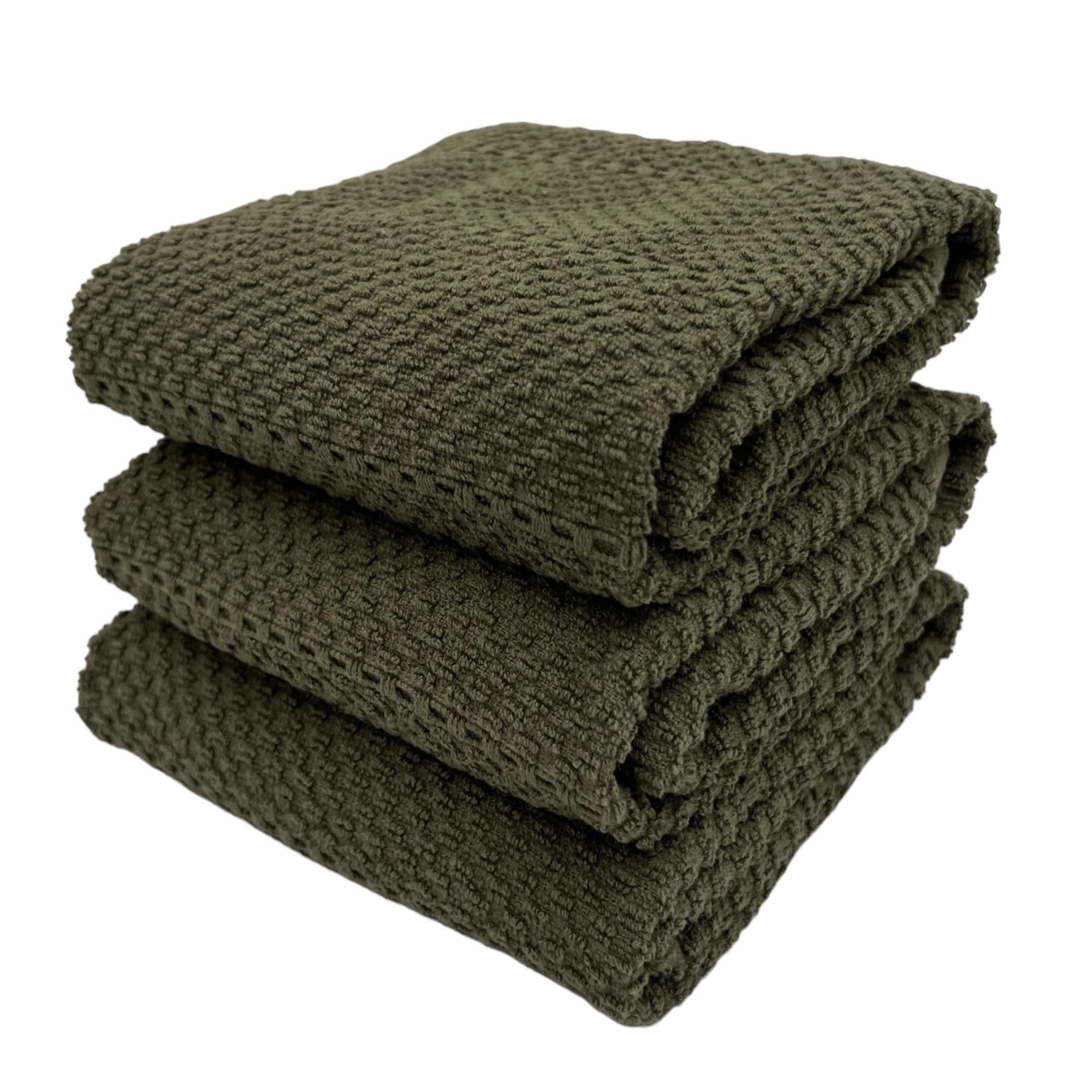 Olive Green Kitchen Hand Dish Towels: Oversized 28'' X 18'',100% Cotton Cloth Soft Cleaning Drying Absorbent Ribbed Design, Set