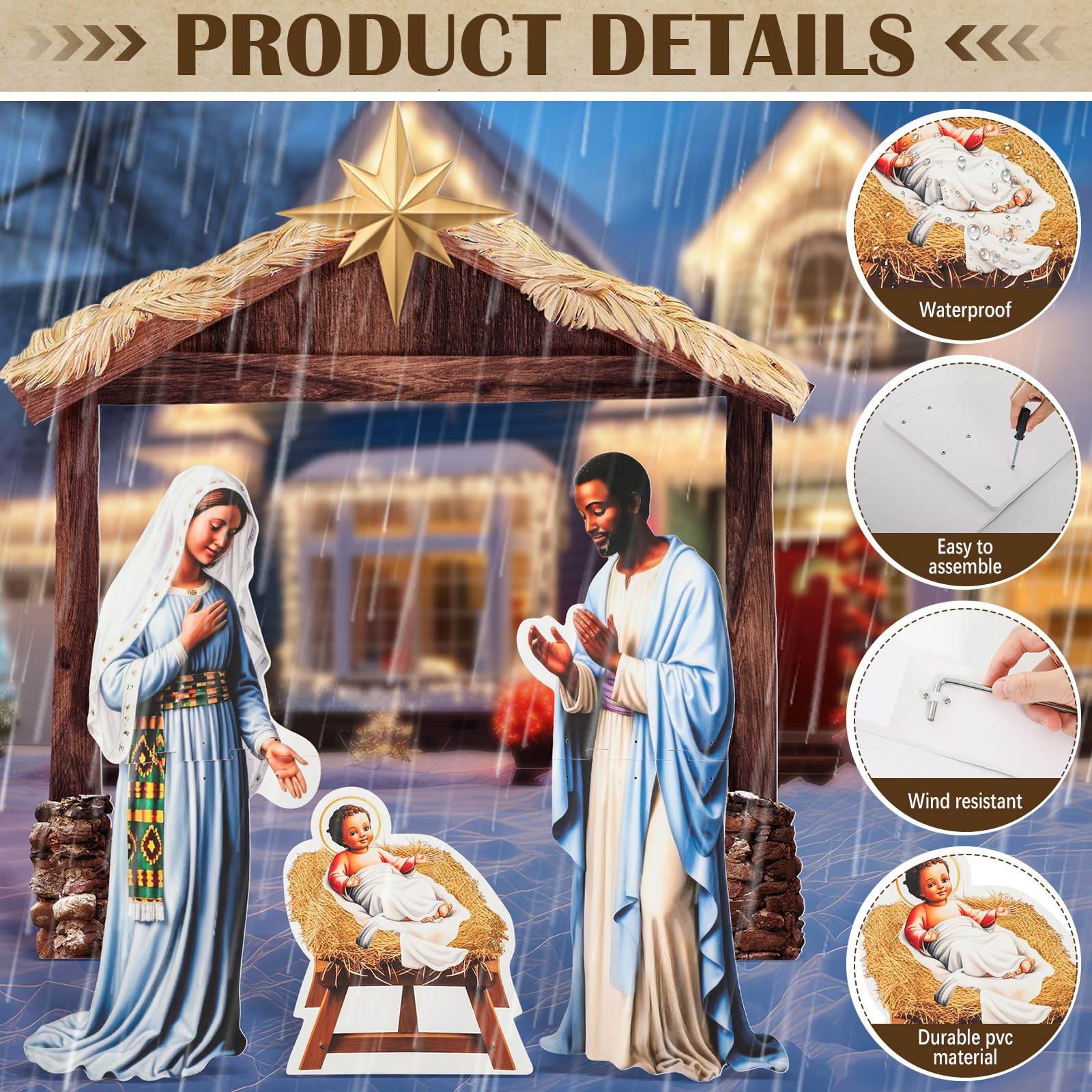 Cinnvoice 4 Pcs Large Nativity Scene Yard Decor, 45'' Weatherproof PVC, Multicolor, Model QIY-Cinnvoice-4577