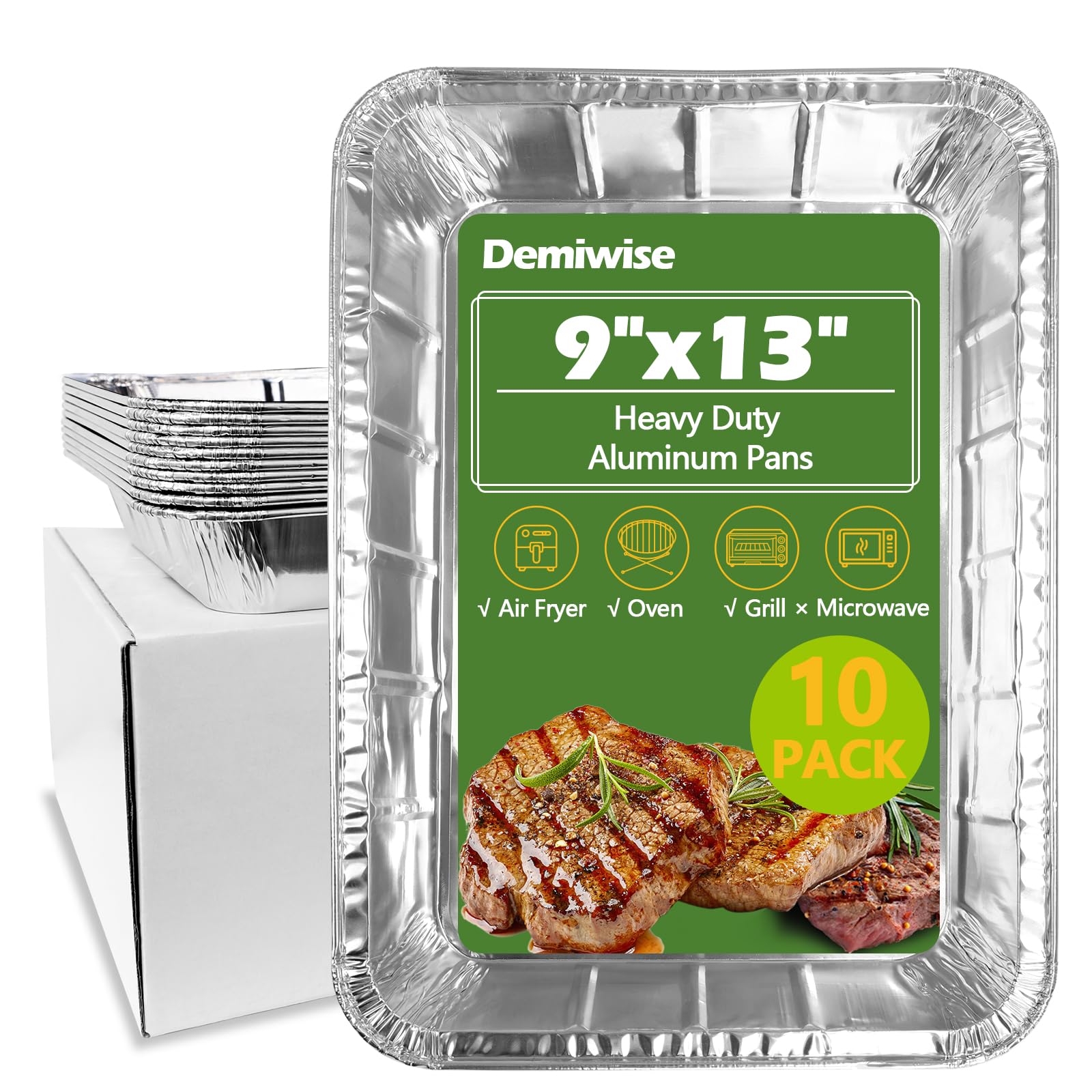 Demiwise Thickened 10 Pack Aluminum Pans, 13X9 Aluminum Foil Pans Disposable, Heavy Duty Half Size Steam Table Foil Baking Tray 