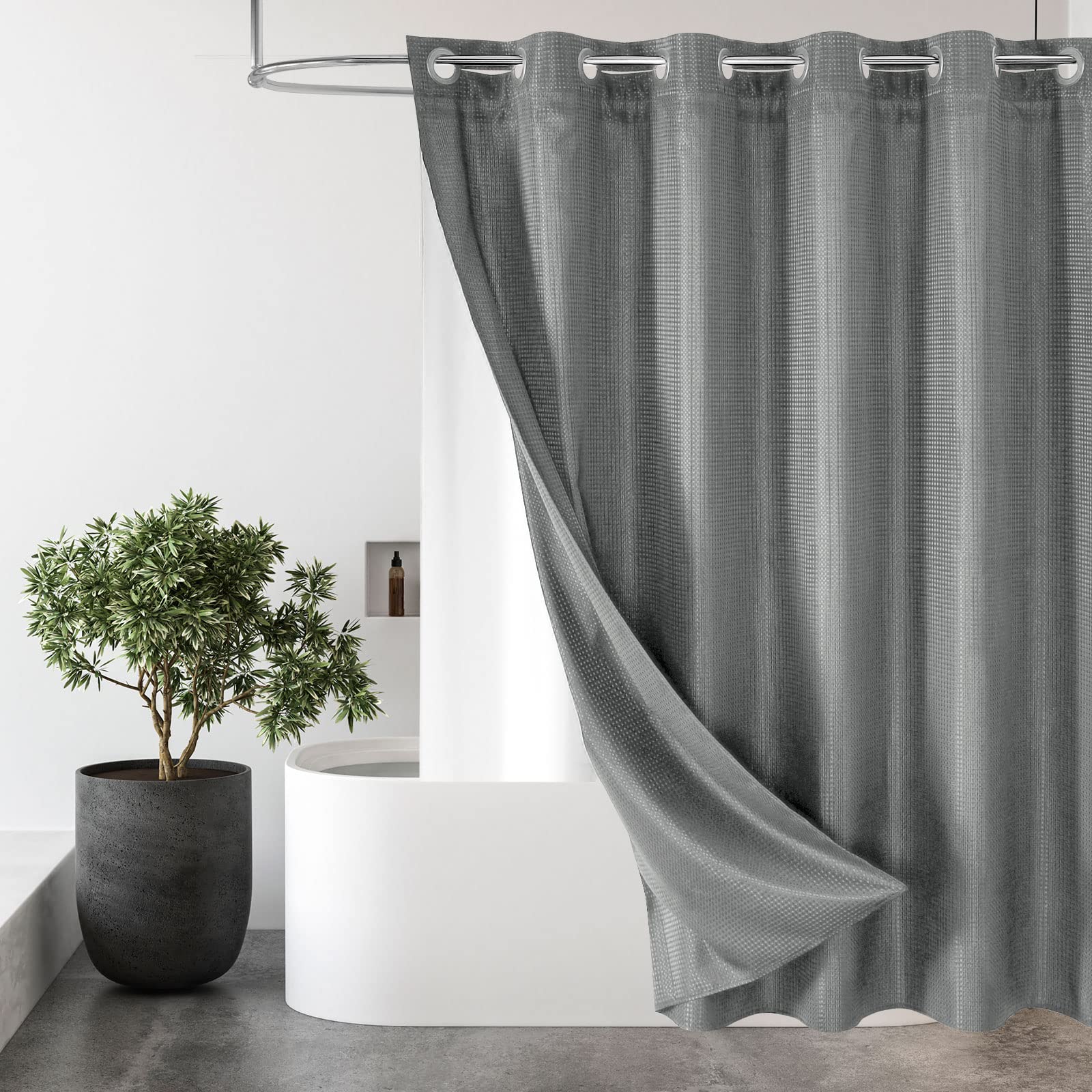 Mitovilla No Hooks Needed Grey Waffle Shower Curtain Set With Snap-In Liner, Modern Waffle Weave Heavy Duty Fabric Cloth Shower