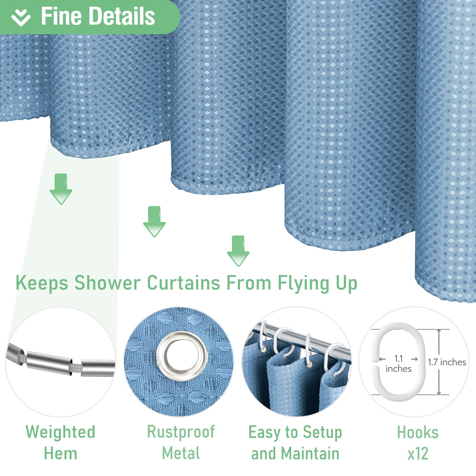 Dynamene Extra Long Shower Curtain - 84 Inch Long Blue Waffle Weave Heavy Duty Fabric Bathroom Shower Curtain  Weighted Hotel Thick Bath Curtain Set with 12 Plastic Hooks 72x84  Moonlight Blue