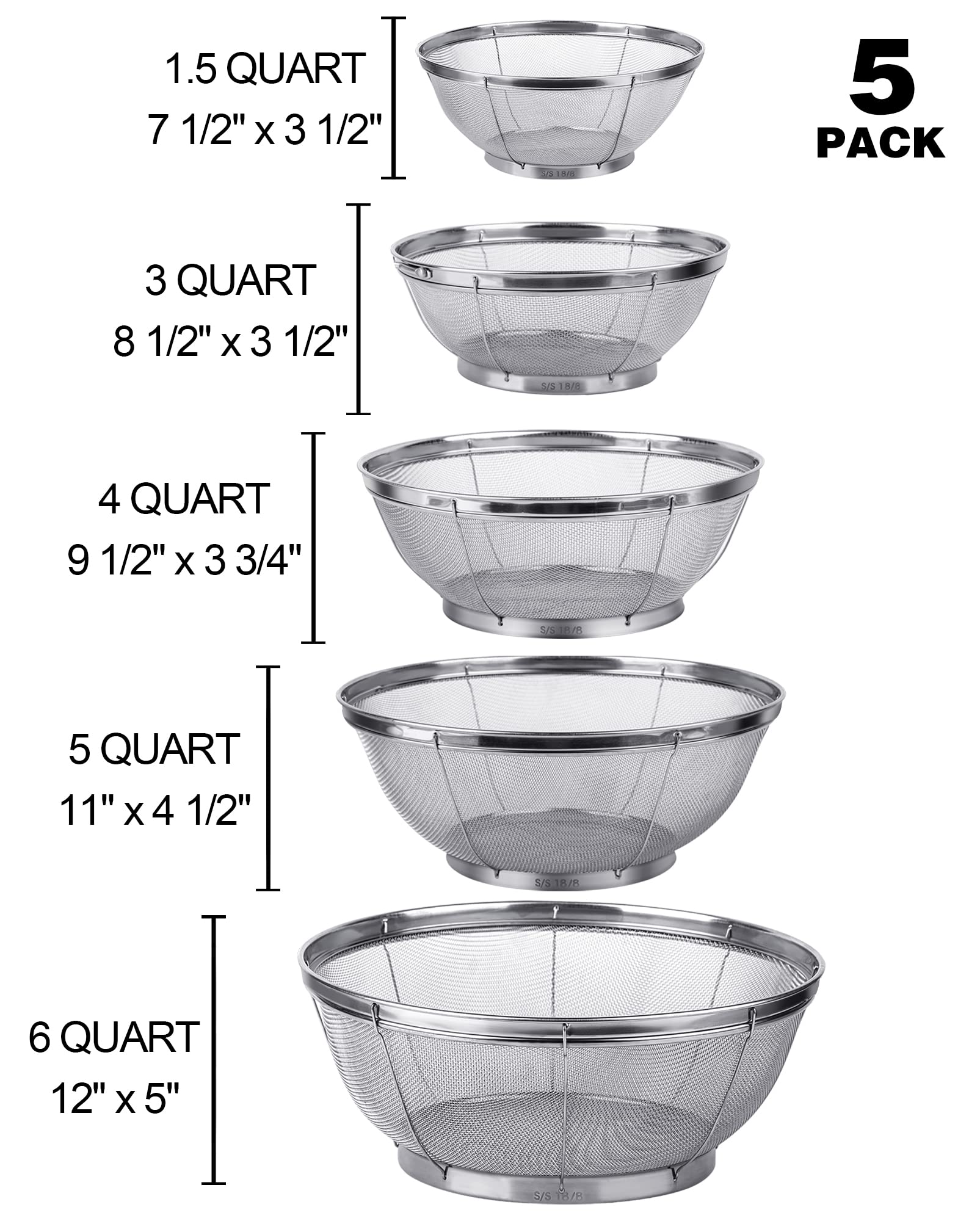 5 Pack Strainers For Kitchen, 18/8 Stainless Steel Colander, Fine Mesh Strainer For Pasta, Rice And Fruit, Sieve For Strain, Dra