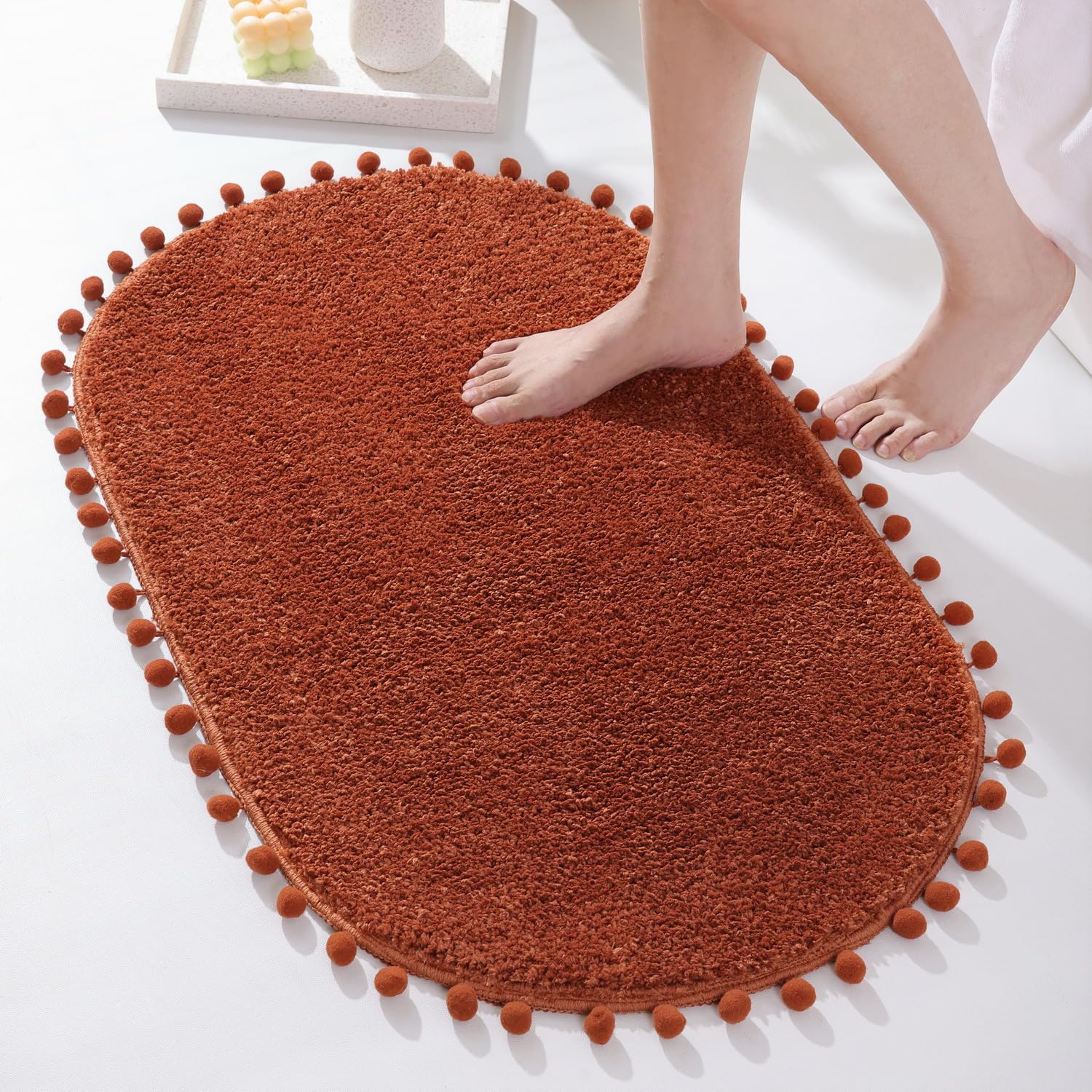 Yirddeo Terracotta Pom Bath Rug For Bathroom Non Slip, Cute Boho Pom Oval Absorbent Shower Mat, Plush Soft Washable Rug (20X30 I