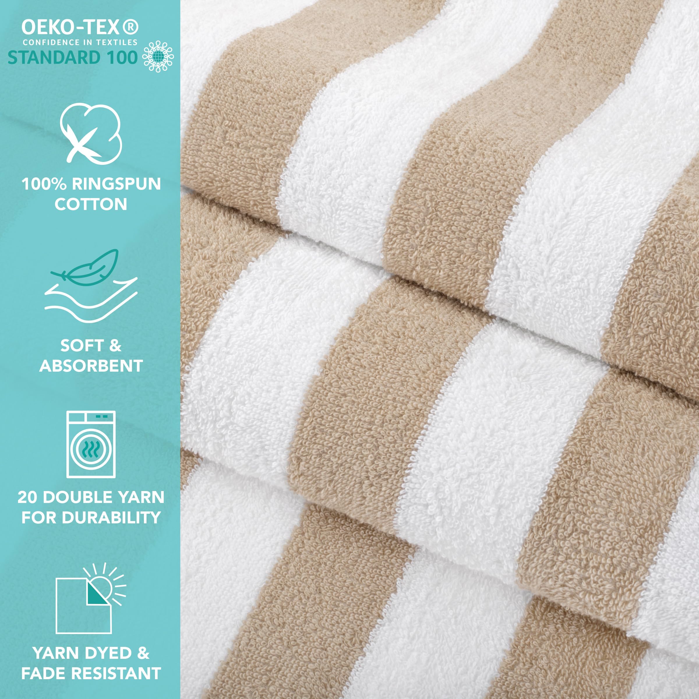 Arkwright Oversized California Beach Towels - (Pack of 4) Absorbent  Quick Drying  Ringspun Cotton Pool Towel  Perfect for Hotel  Spa Hot Tub  and Bath  30 x 70 in  Beige