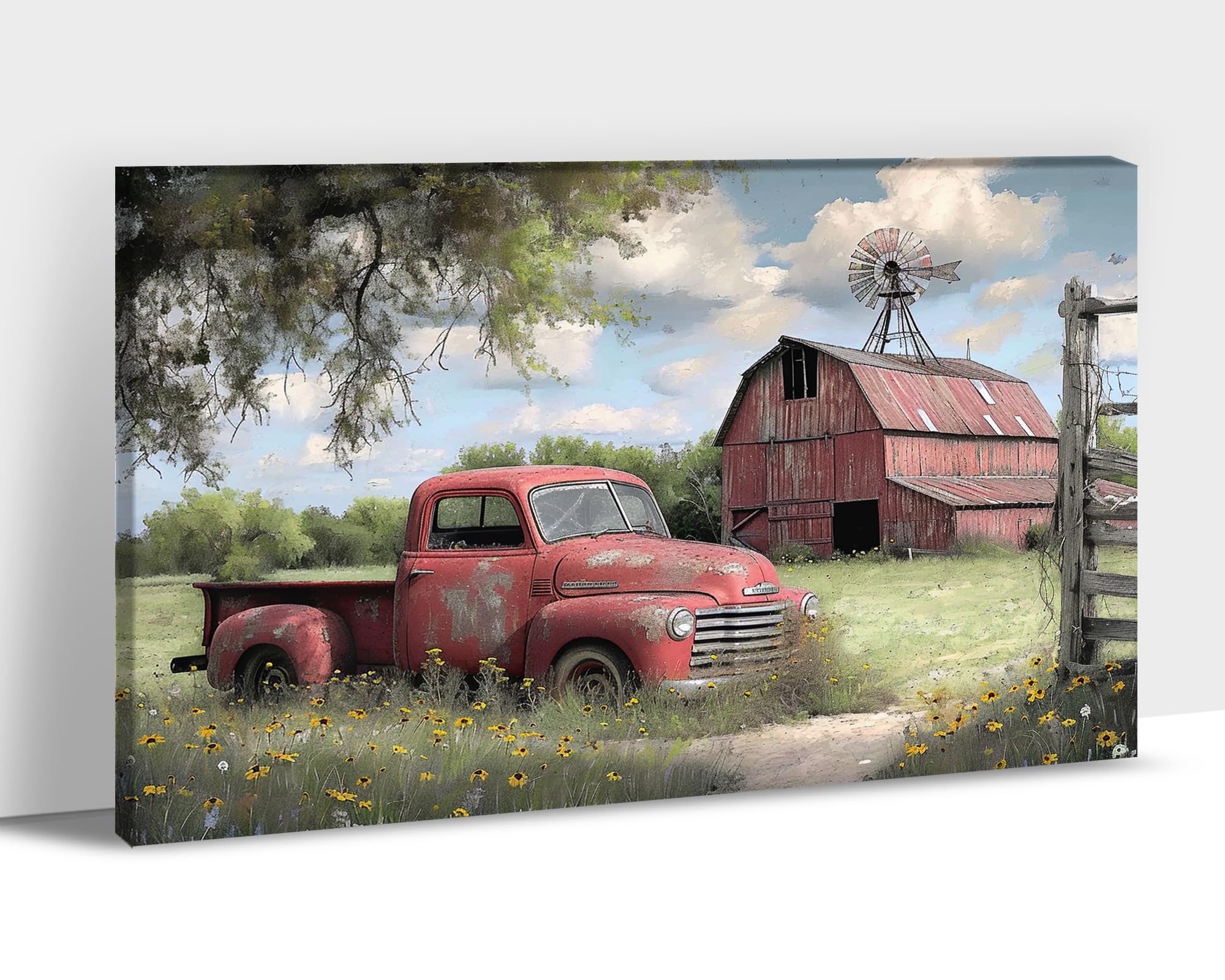 Farmhouse Truck Wall Art, Spring Canvas Prints, Old Pickup Truck & Windmill Pictures For Living Room Wall Decoration, Rustic Cou
