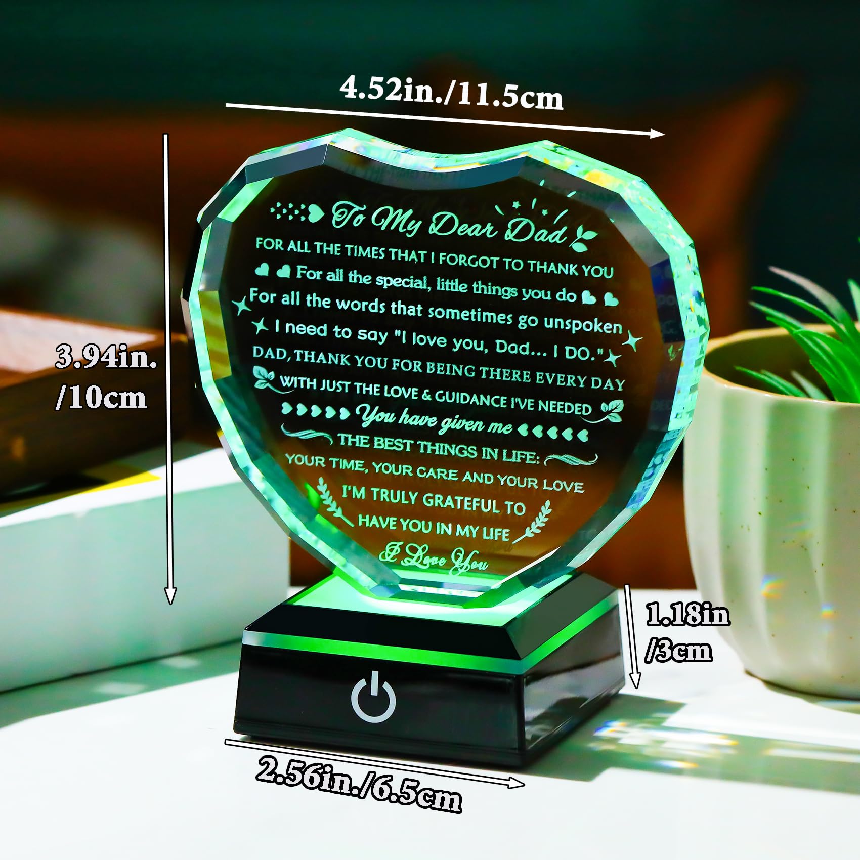 YWHL Gifts for Dad from Daughter Son with Colorful Light Base Birthday Gifts for Dad Crystal Heart Keepsake Thank You Gift Idea