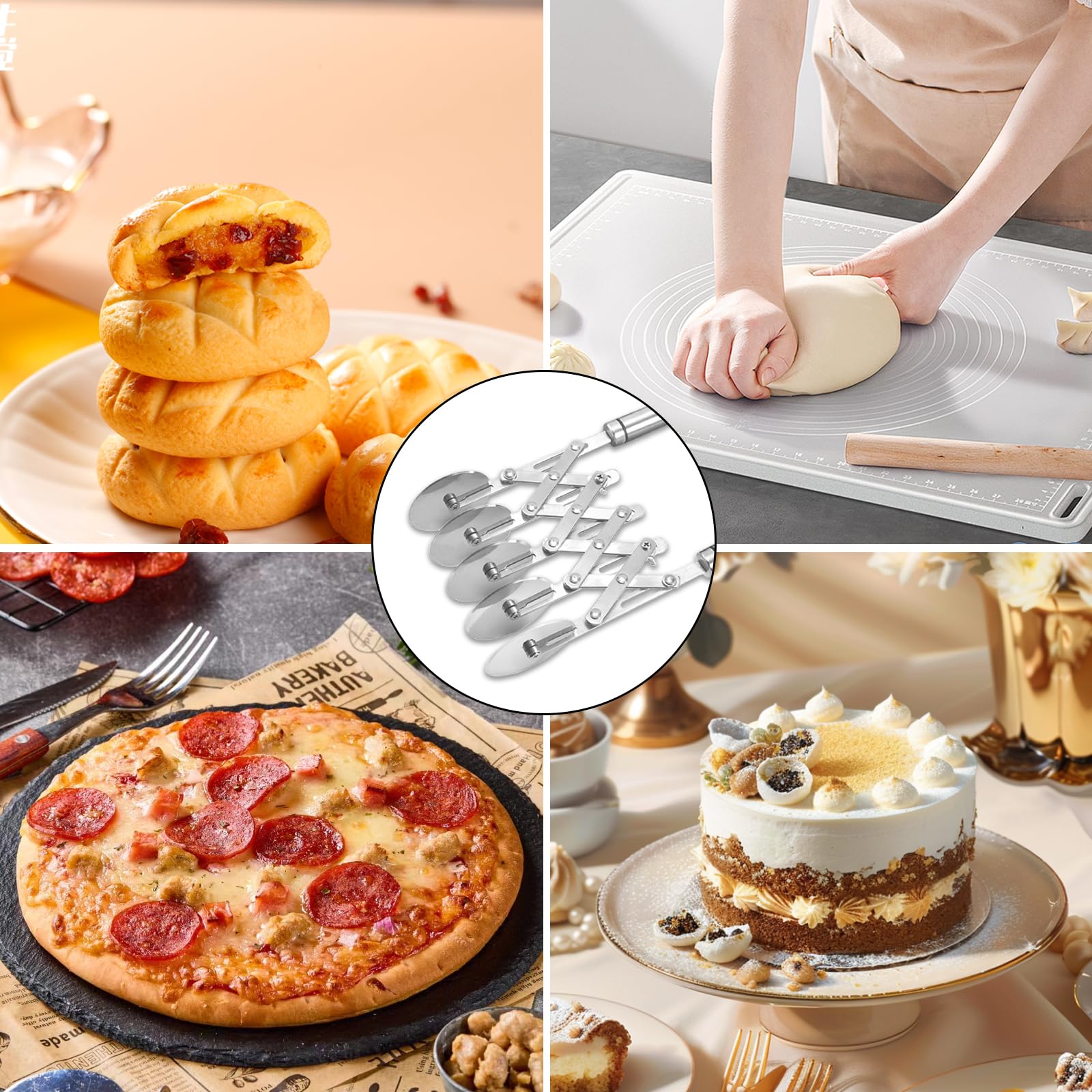 Ruiqas 5 Wheel Stainless Steel Pastry Pizza Cutter Dough Cutter Cookie Pastry Divider With Handle