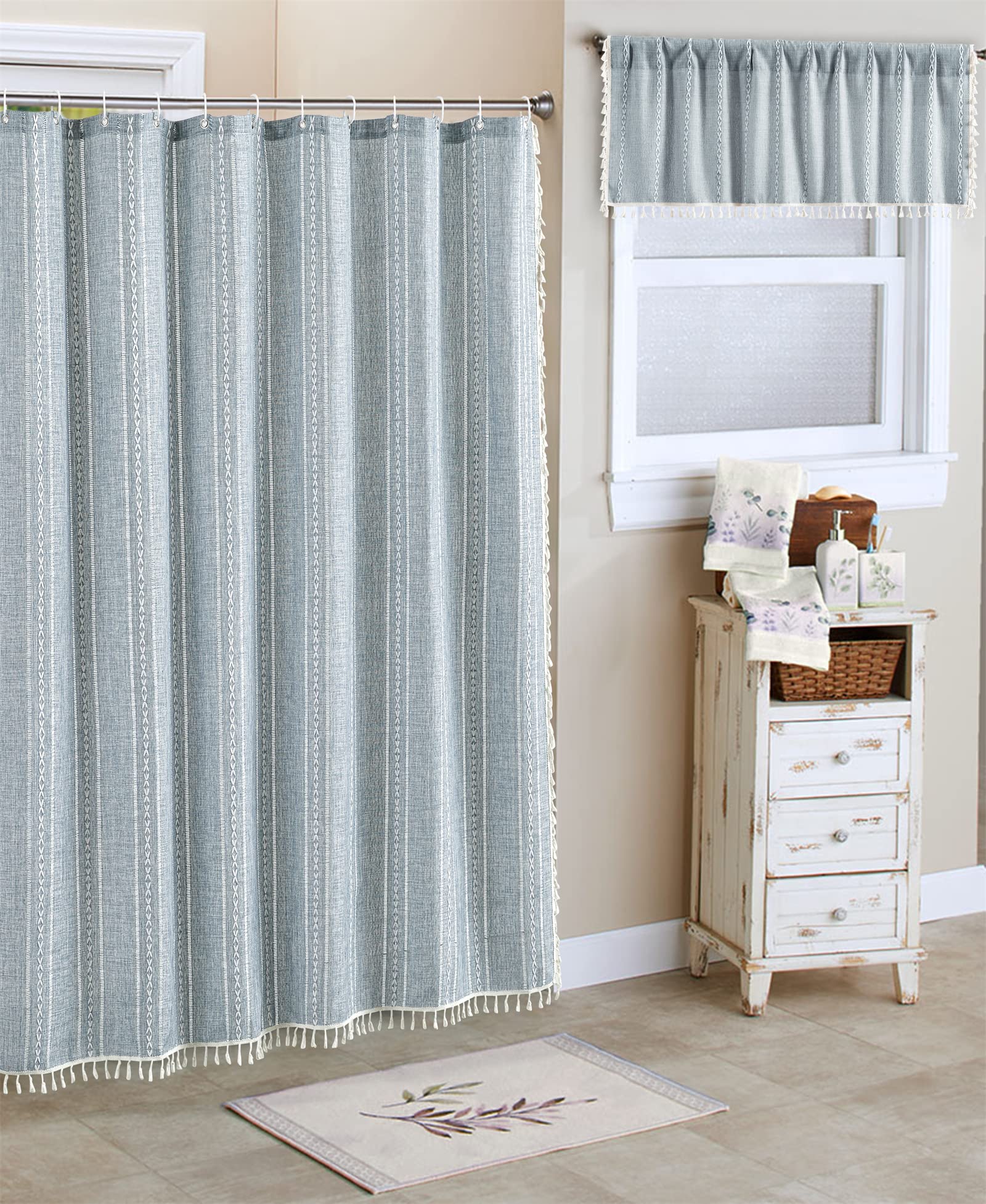 RoomTalks Blue Modern Farmhouse Shower Curtain with Tassels  Country Cottage Bathroom Decor Striped Minimal Boho Chic Texture Linen Bohemian Bathroom Shower Curtain Set with Hooks  72x72