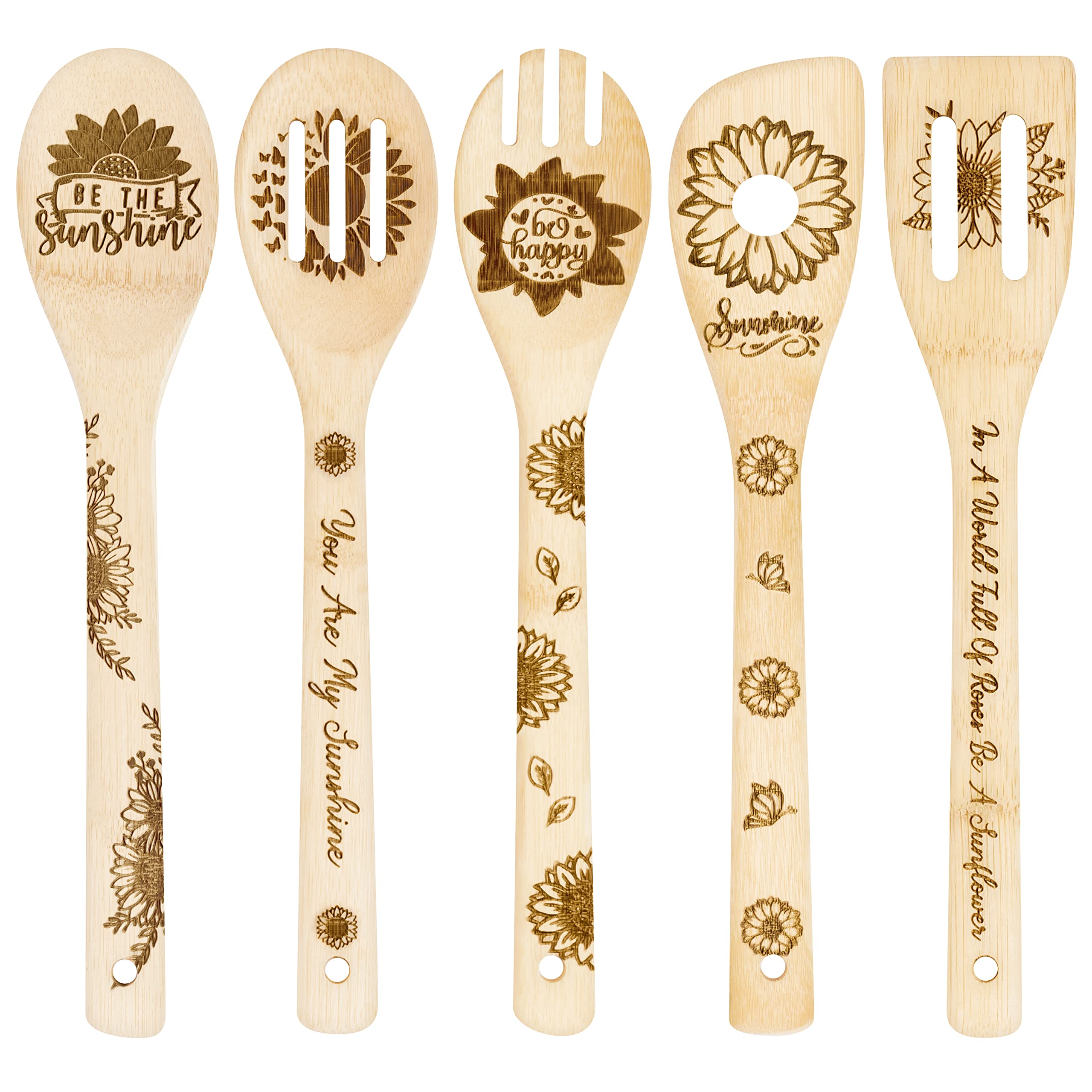 Eartim 5Pcs Sunflower Wooden Spoons Utensils Set, Summer Sunflower Theme Kitchen Cooking Utensils Natural Non-Stick Carve Burned