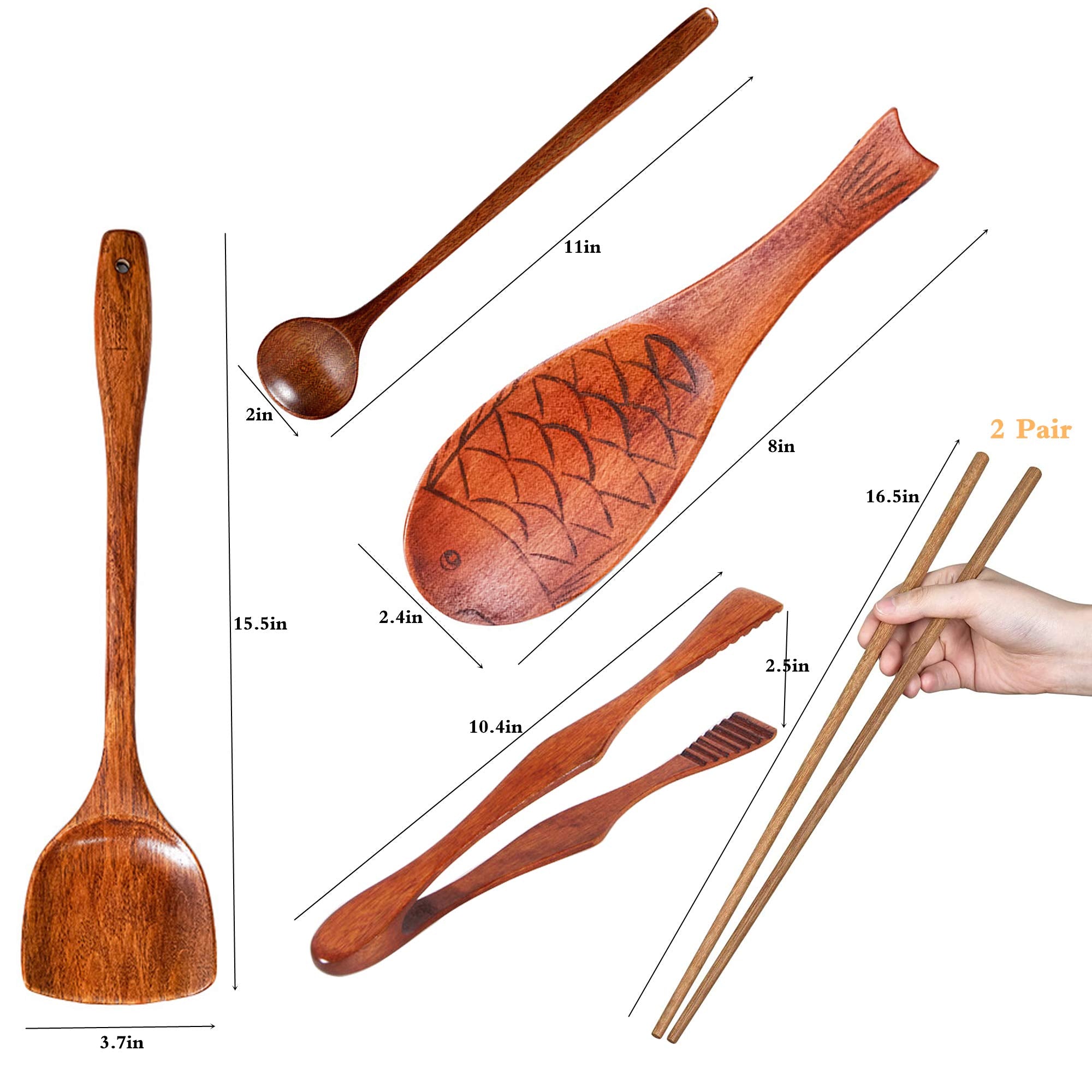 Fjnatinh Wok Utensils Wooden Cooking Utensils Tools 6 Pcs Wooden Spatula, Barbecue Tongs,Wok Shovel, Cooking Chopsticks,Long Spo