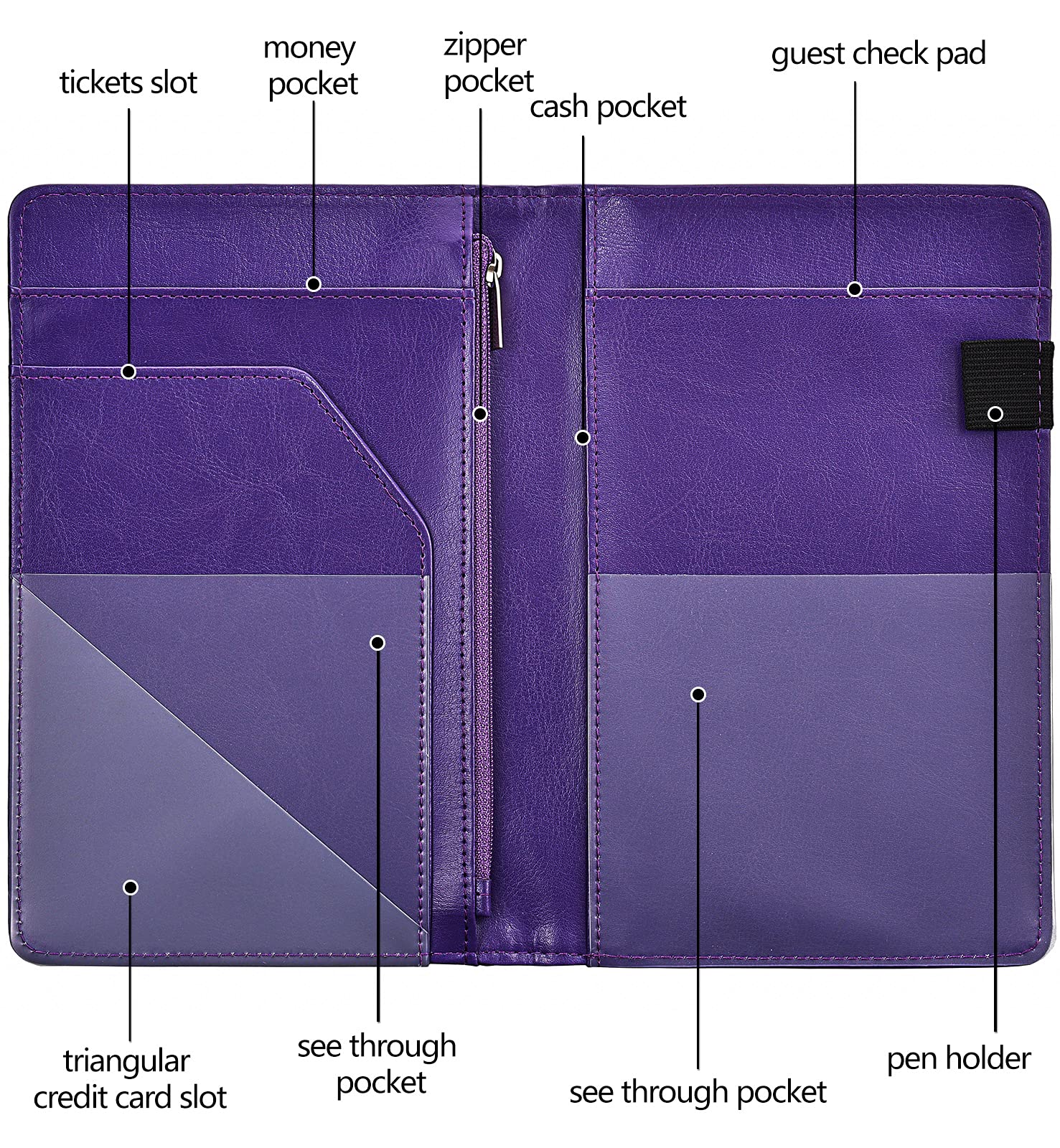 Server Books for Waitress - Leather Waiter Book Server Wallet with Zipper Pocket  Cute Waitress Book&Waitstaff Organizer with Money Pocket Fit Server Apron(Classic Purple)