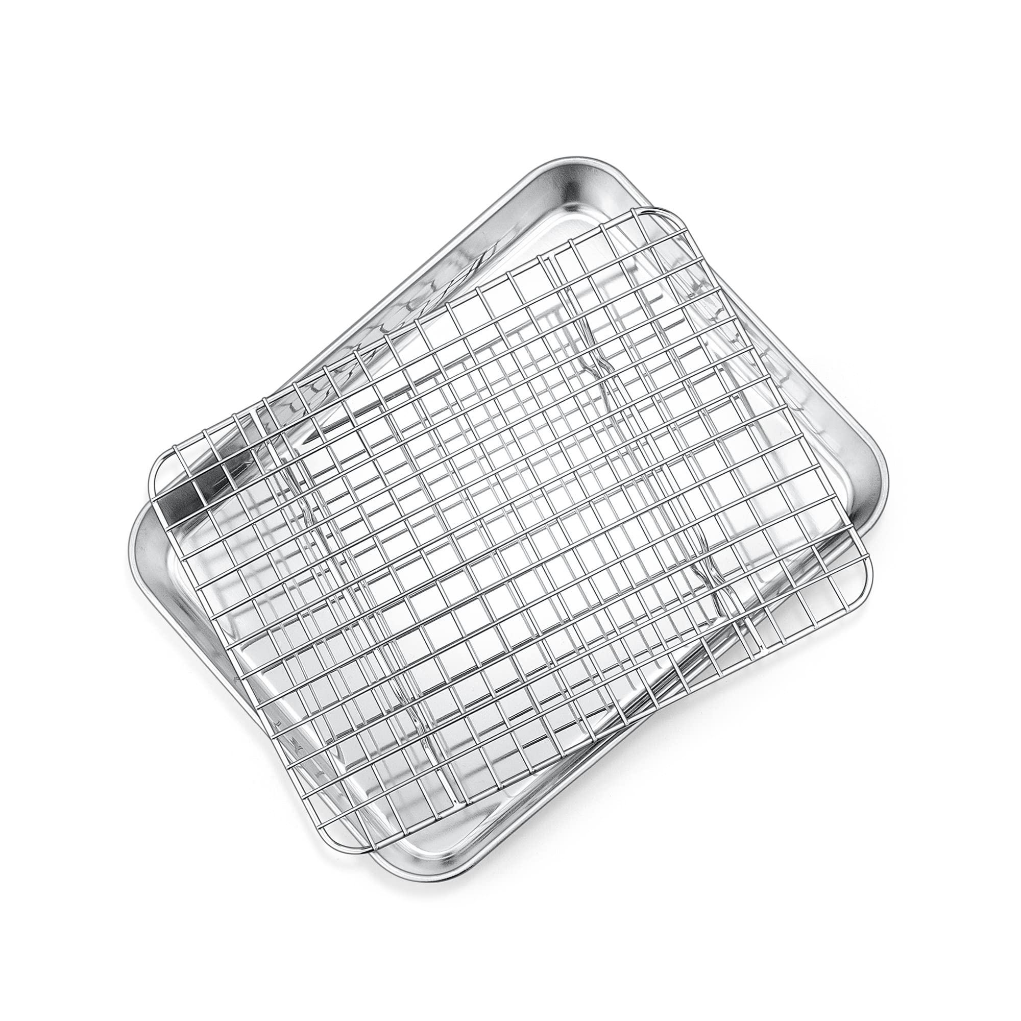 9 Inch Mini Toaster Oven Pan With Rack Set, P&P Chef Stainless Steel Small Baking Pan Tray And Grid Cooling Rack For Cooking/Roa