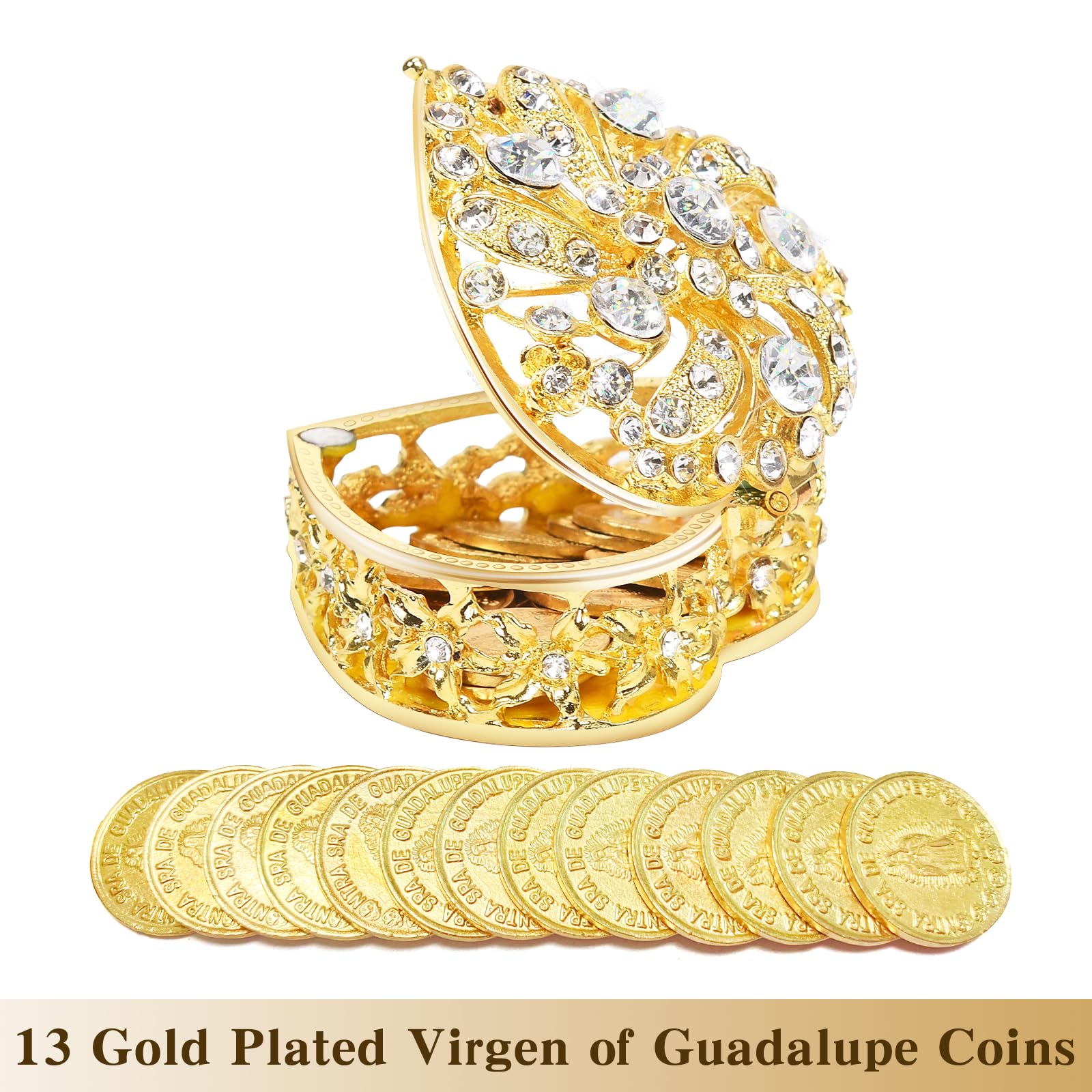 Wedding Arras Coins Set - Gold Heart Shaped Box with 13 Virgen of Guadalupe Coins, Arras De Boda Cristiana, Wedding Accessories