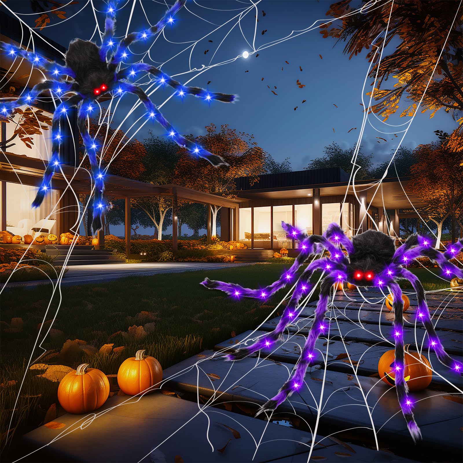 2 Pack 50 Halloween Light Up Spiders, Giant Hairy Spider Decorations with Blue and Purple LED Lights, Scary Indoor Outdoor Hallo
