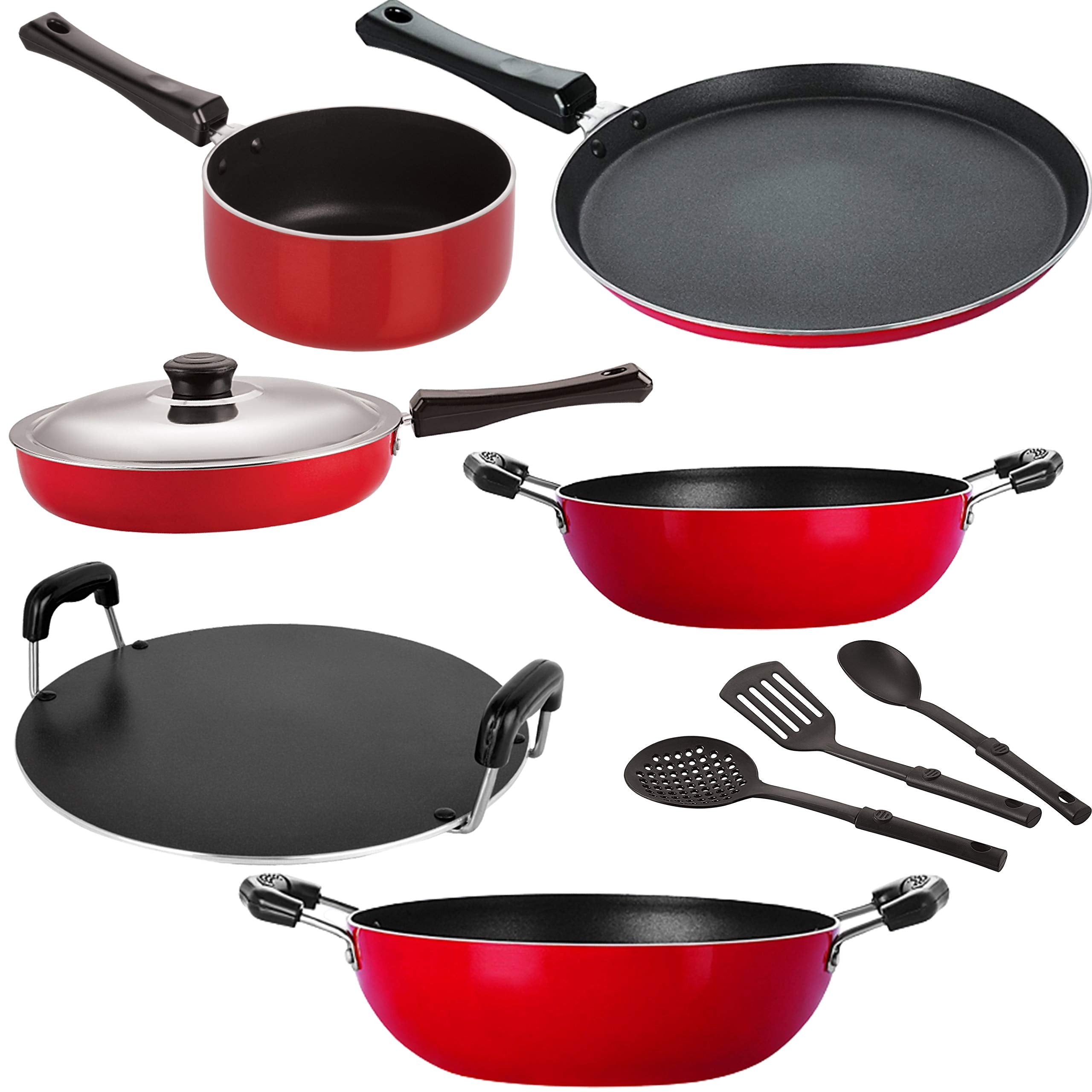 Nirlon NonStick Aluminium Heat Resistance Cookware Combo Set, 9  Piece, 2.6Mm_Ft13_Kd12_Kd14_Spm_Rt_Fp12_3Spn