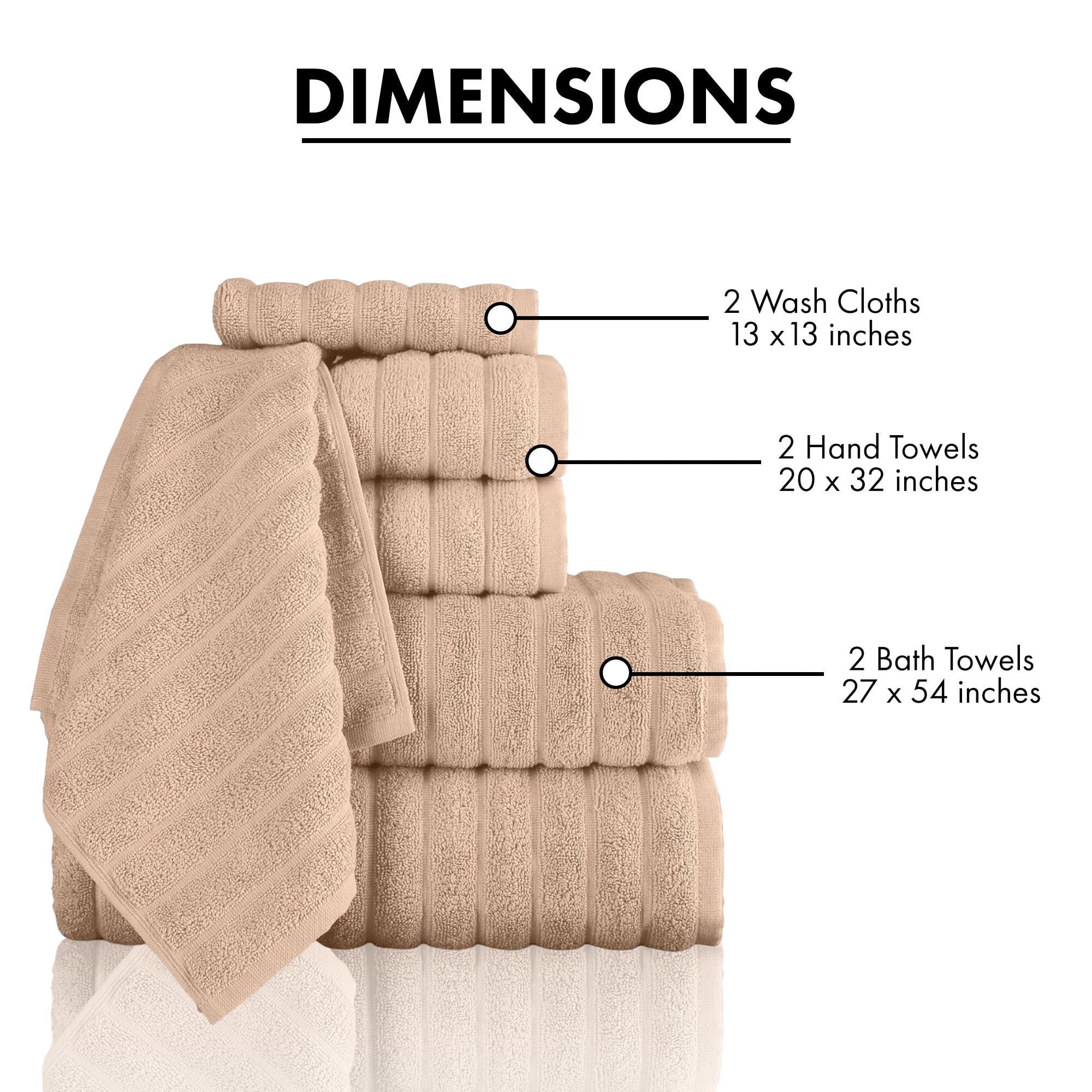 Classic Turkish Towels Luxury 6 Piece Towel Set - 2 Bath Towels  2 Hand Towels  2 Washcloths  Jacquard Ribbed  Absorbent  100% Turkish Cotton (Almond Beige)