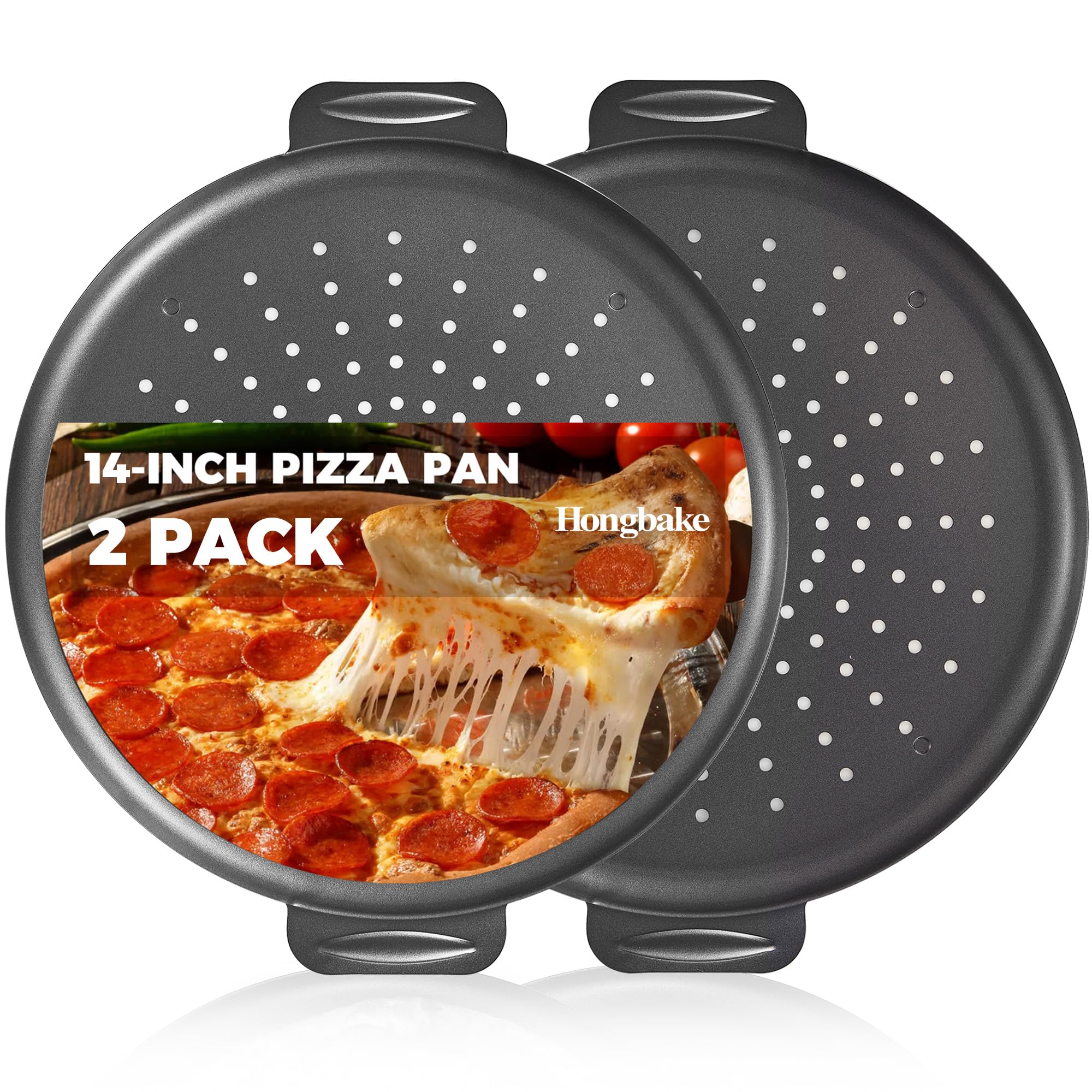 HONGBAKE 2 Pack Pizza Pan 14 Inch with Holes, Rust-Free Nonstick Pizza Pan for Oven, 0.8mm Carbon Steel Perforated Pizza Tray wi
