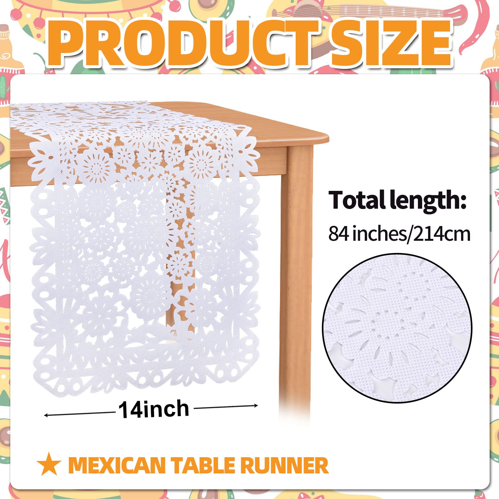 14 X 84 Inches Mexican Party Table Runner White Papel Picado Tablecloth Runner Fabric Table Decoration For Cinco De Mayo Mexican