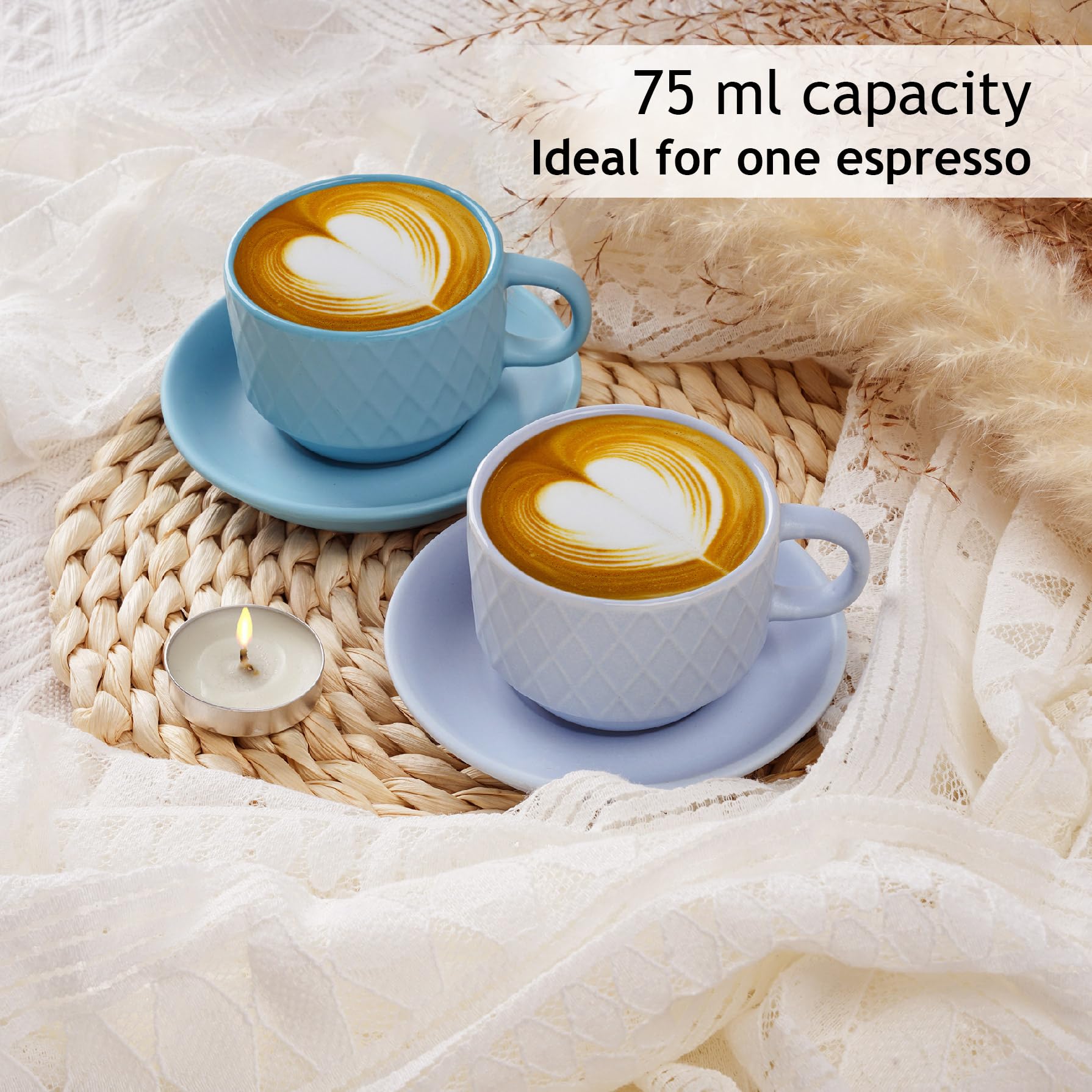 MIAMIO - 6 x 25 oz Stoneware Espresso Mug  cup Set Modern with Stand and Saucers - Palmanova collection (Ocean Blue)