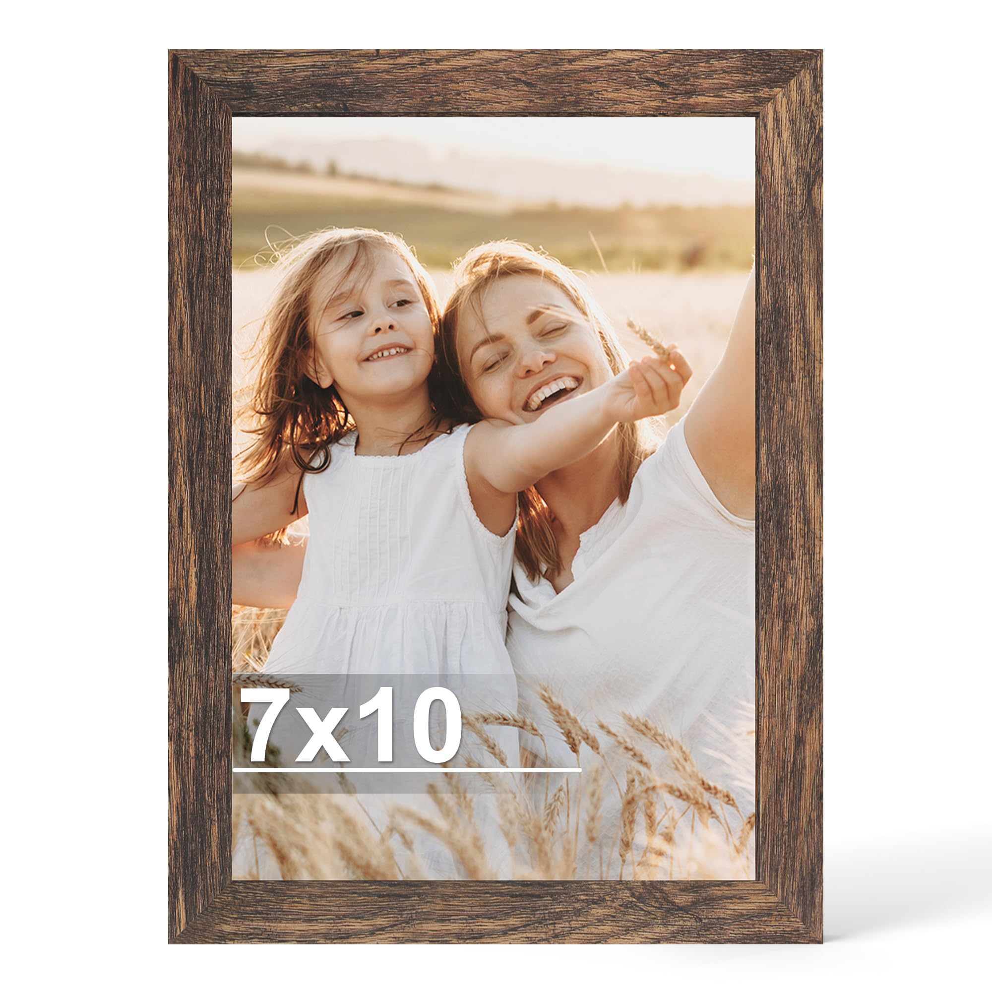 Hongkee 7x10 Picture Frame, Made of Real Glass and Wooden Frame, Horizontal and Vertical Display for Wall or Tabletop (Rustic Br