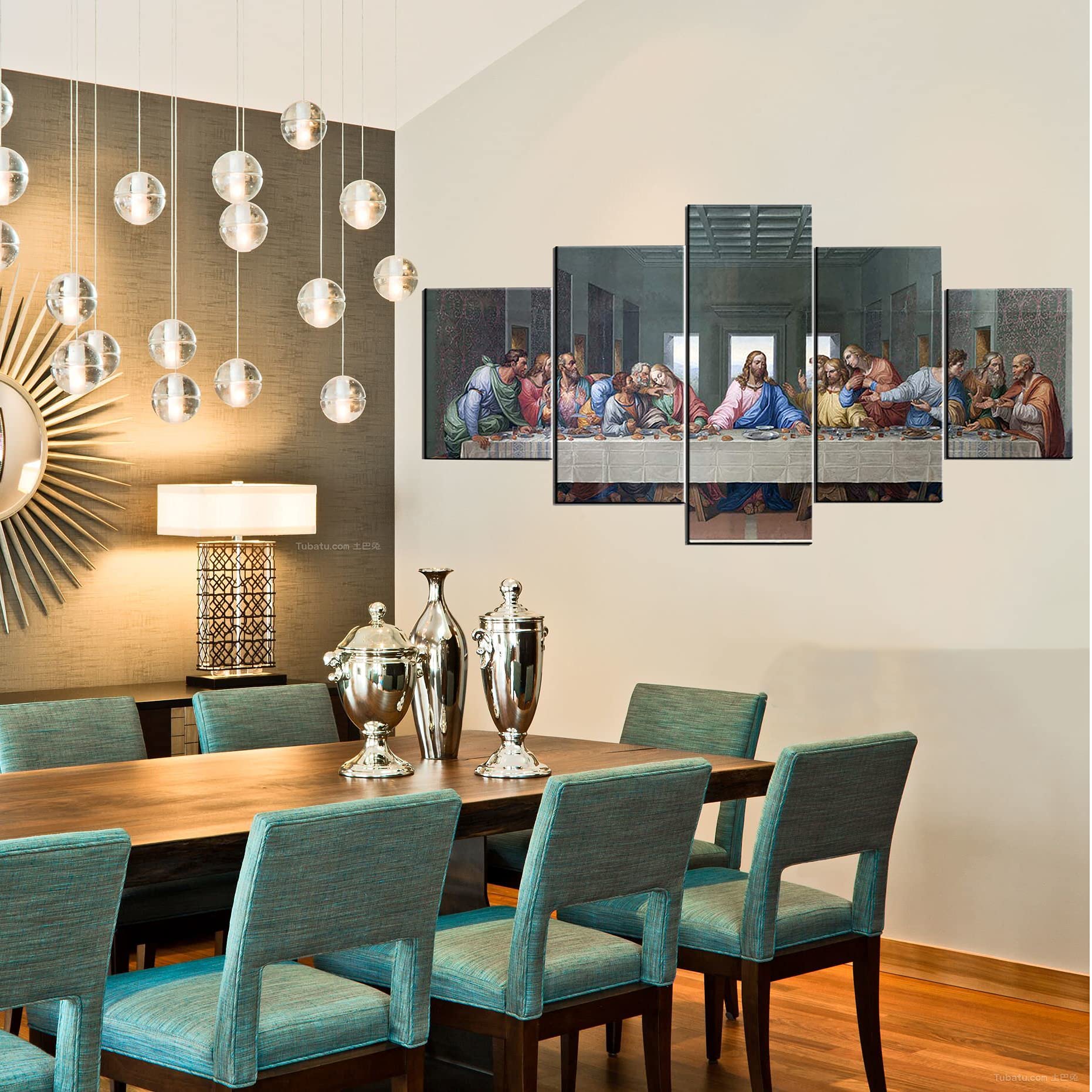 Fu-Keivy The Last Supper Wall Decor Jesus Canvas Wall Art Frame Pictures For Dining Room Kitchen 5 Piece Painting Wooden Framed