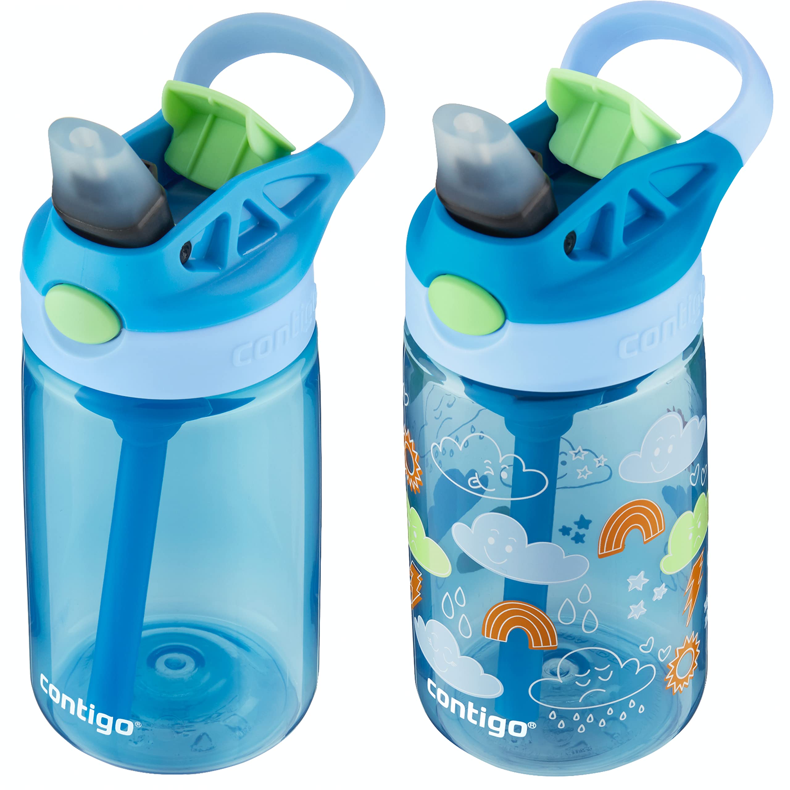 Contigo Kids Water Bottle With Redesigned Autospout Straw, 14Oz., 2 Pack, Blue Poppy And Periwinkle & Blue Poppy With Periwinkle