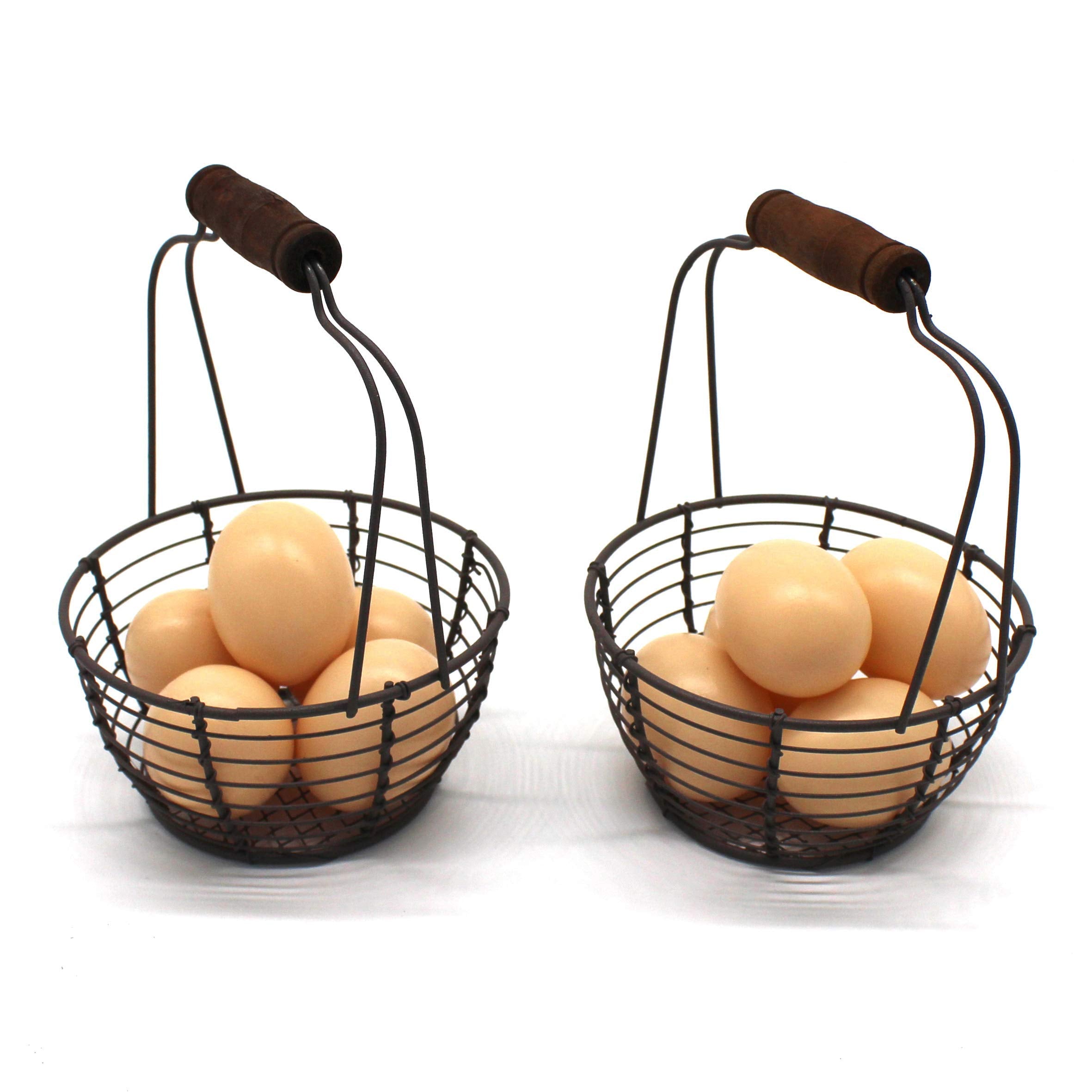 Cvhomedeco. Metal Wire Mini Egg Baskets Rust Gathering Baskets With Wooden Handle Country Vintage Style Storage Baskets. Set Of