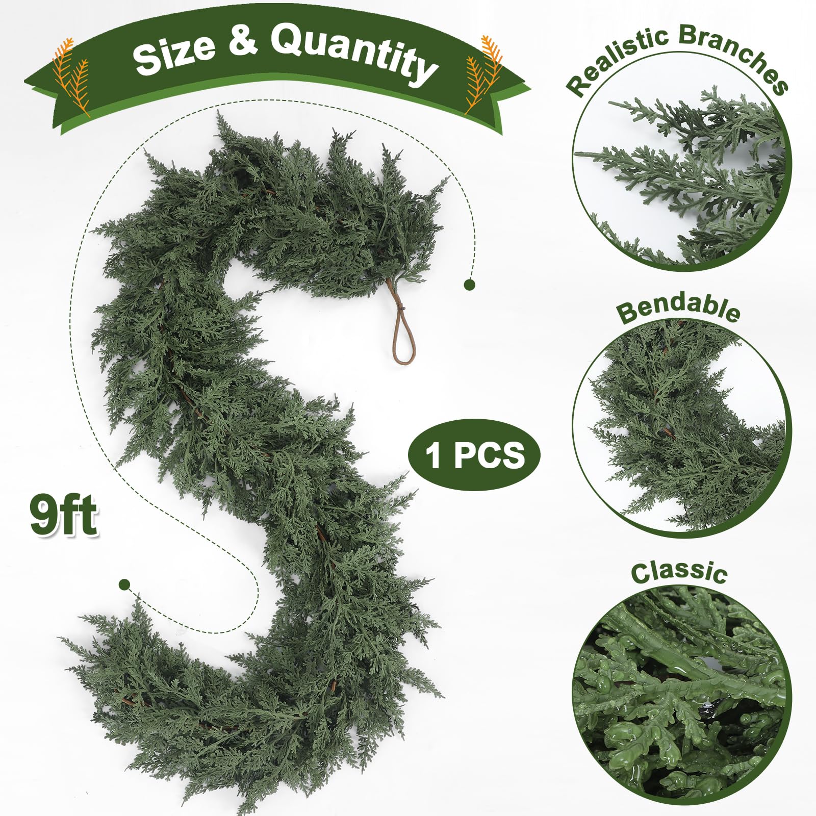 Jutom 1 PCS 9 ft Christmas Cedar Garland - Artificial Realistic Holiday Cedar Pine Needles Greenery Garland Decoration for Mante