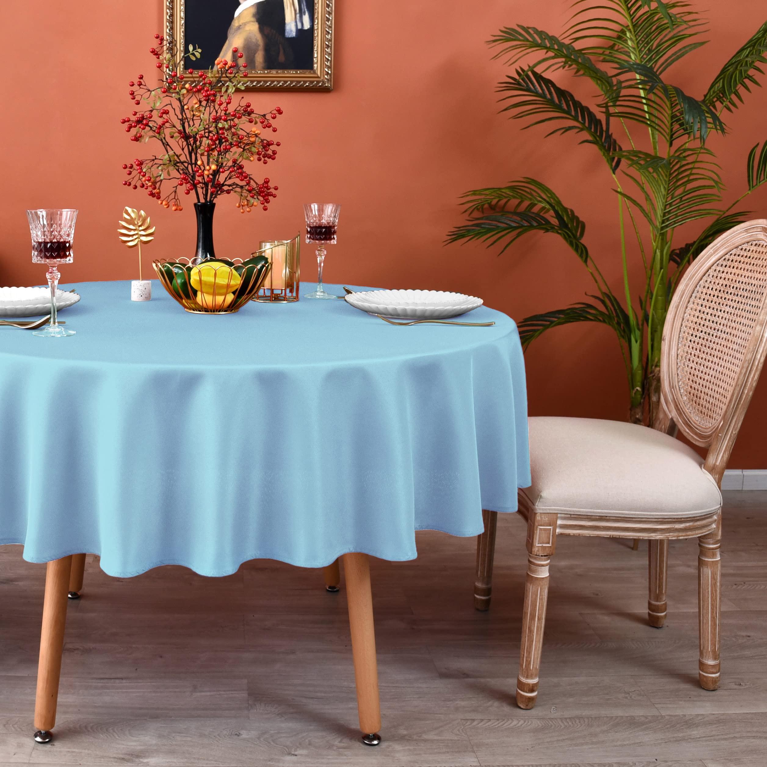 Meanmoy Baby Blue 210 Gsm Water & Stain Resistant Round Tablecloth For Circle Table - Solid 90 Inch Table Cloth Cover In Wrinkle