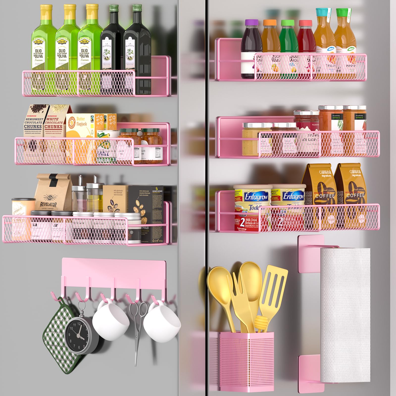 Magnetic Spice Rack for Refrigerator, 10 Pack 100% Metal Strong Magnet Shelf, Space Saving Spice Organizer W/ Hooks, Movable Mag