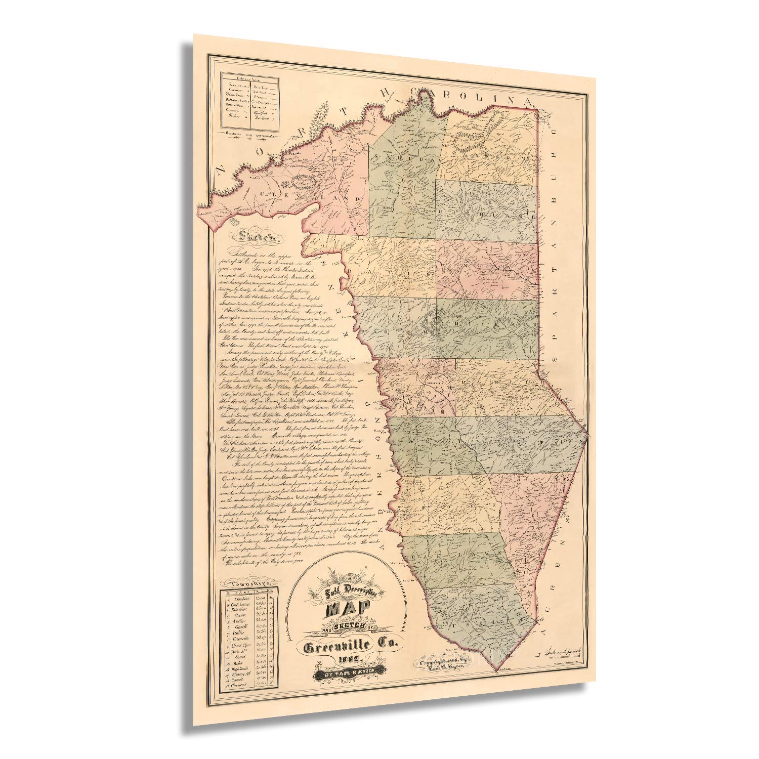 Historix Vintage 1882 Map Of Greenville County South Carolina - 24 X 36 Inch Vintage Map Of Greenville Sc Wall Art - Shows Names