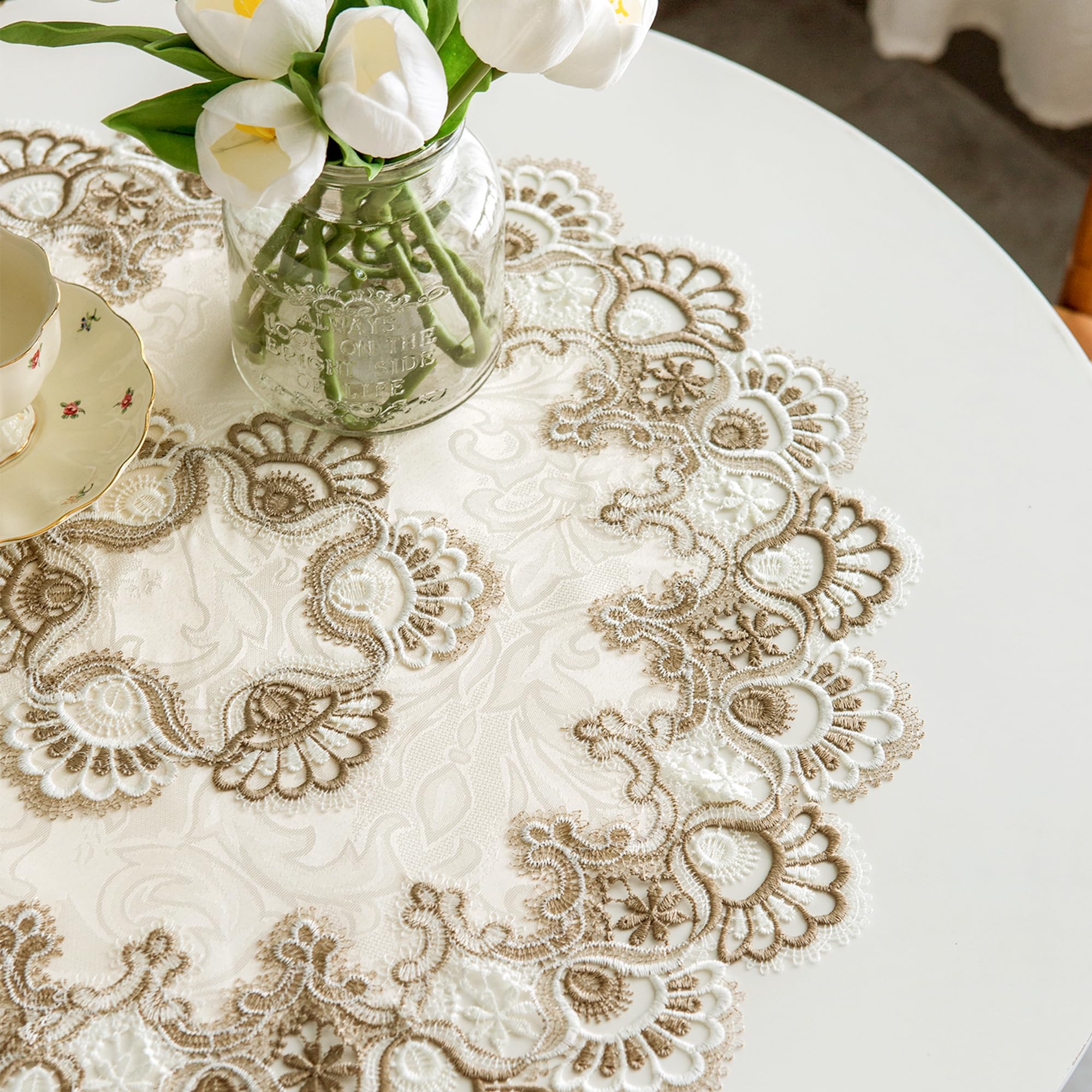 Lace Small Round Tablecloth Doilies Table Topper Scarf Embroidered Farmhouse Table Cloth With Macrame Border For Dresser Wedding